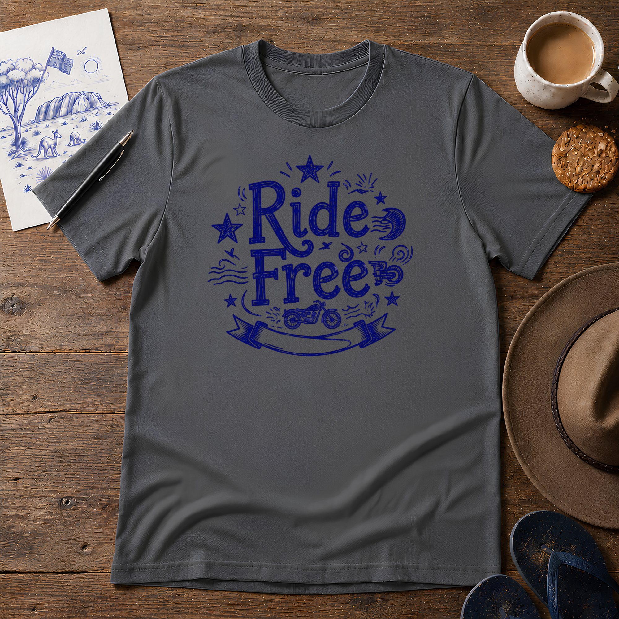 Ride Free Tee ink-sketch T-shirt, in Charcoal