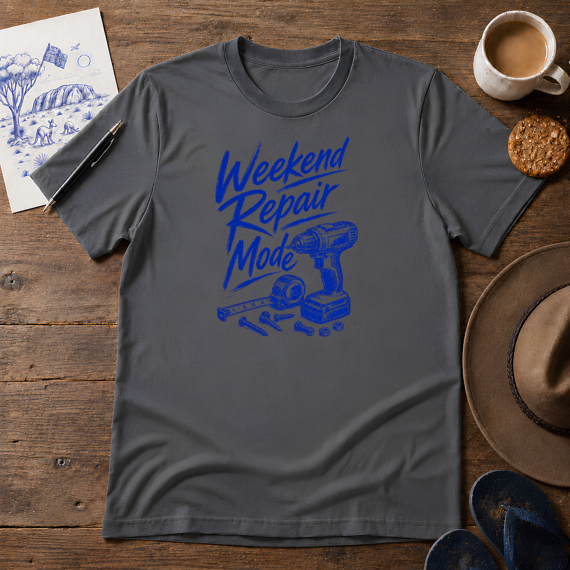 Weekend Repair Mode Tee ink-sketch T-shirt, in Charcoal