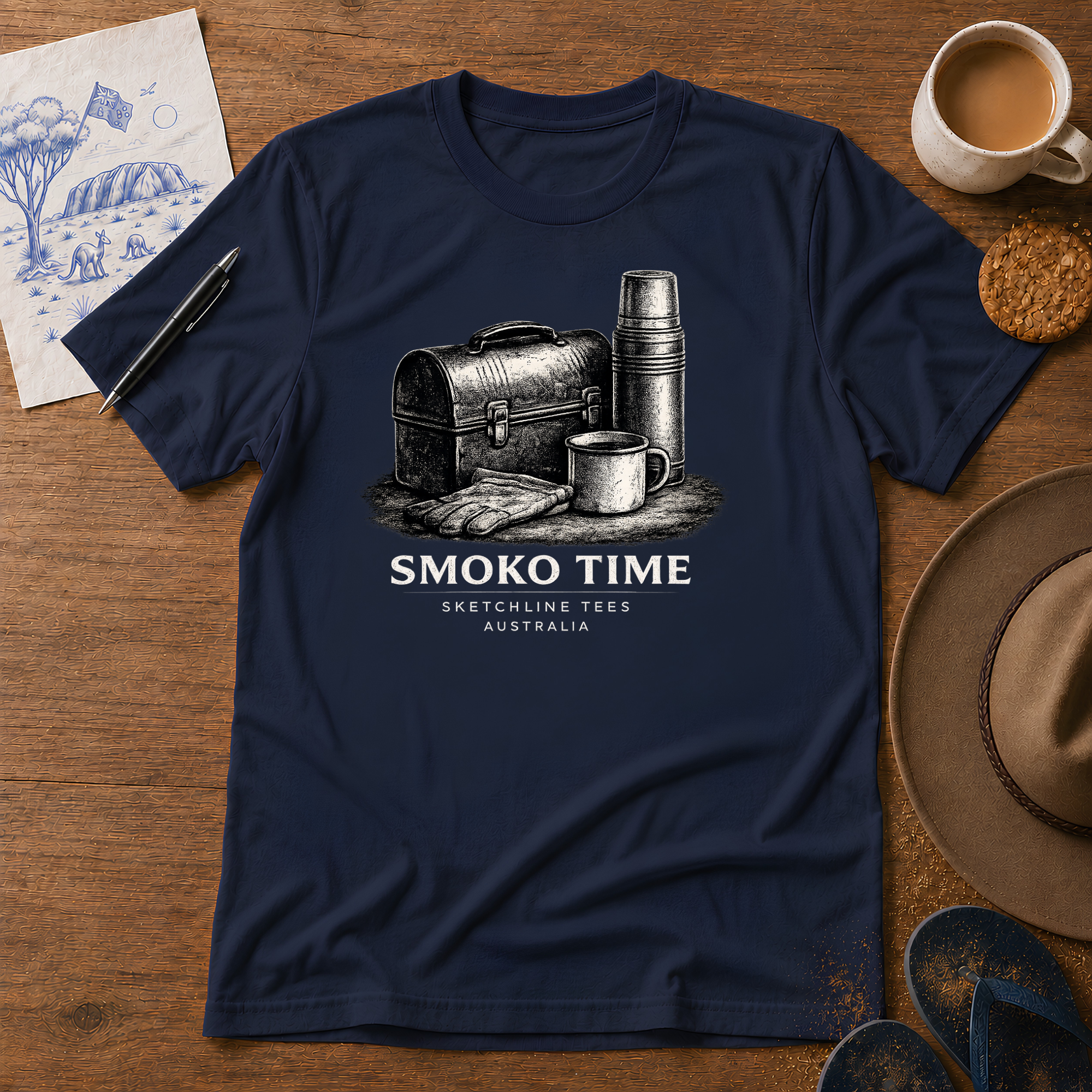 Smoko Time Australian ink-sketch T-shirt in Navy