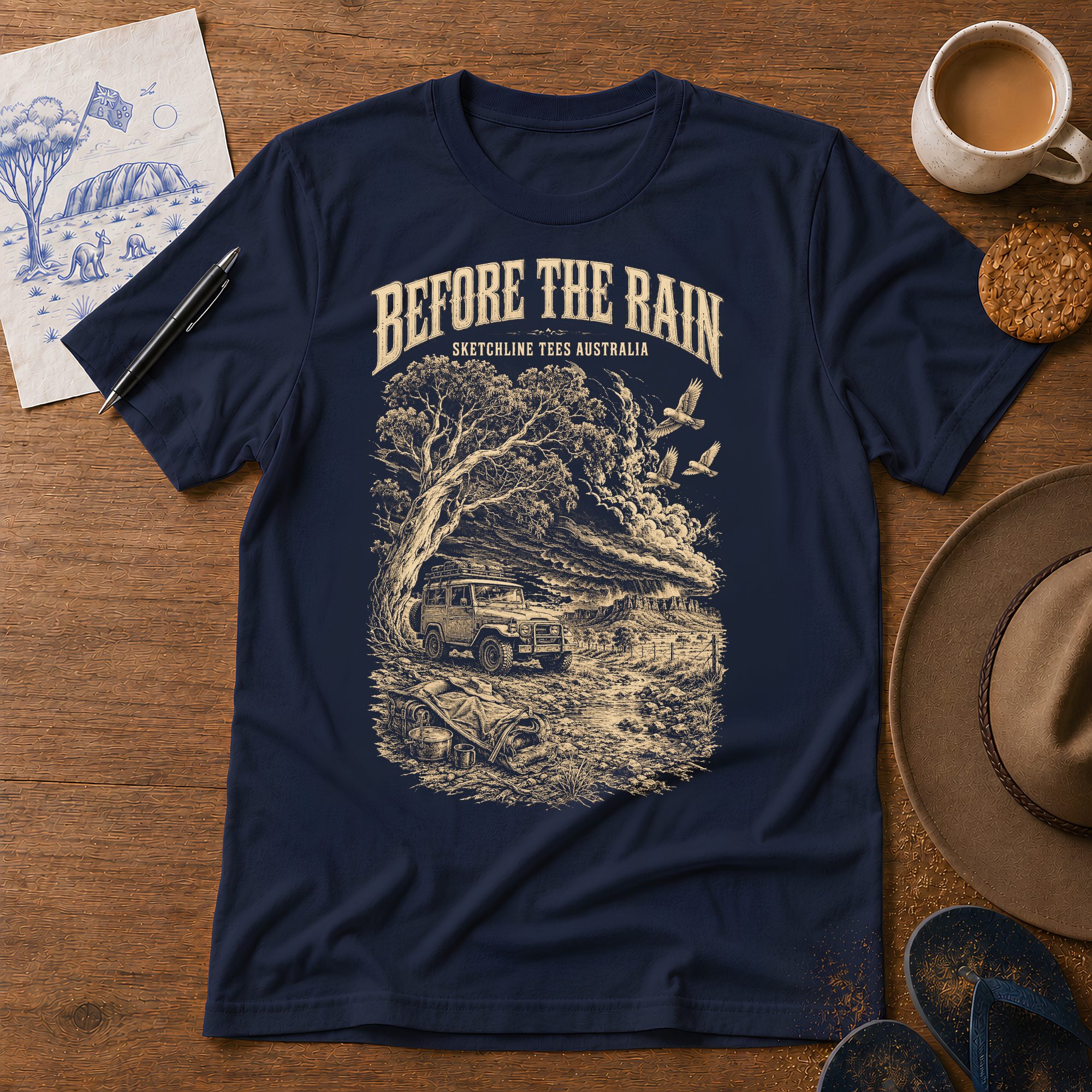 Before the Rain Australian ink-sketch T-shirt in Navy