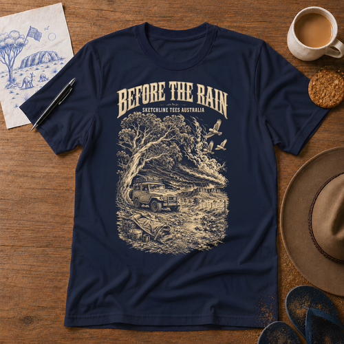 Before the Rain Australian ink-sketch T-shirt in Navy