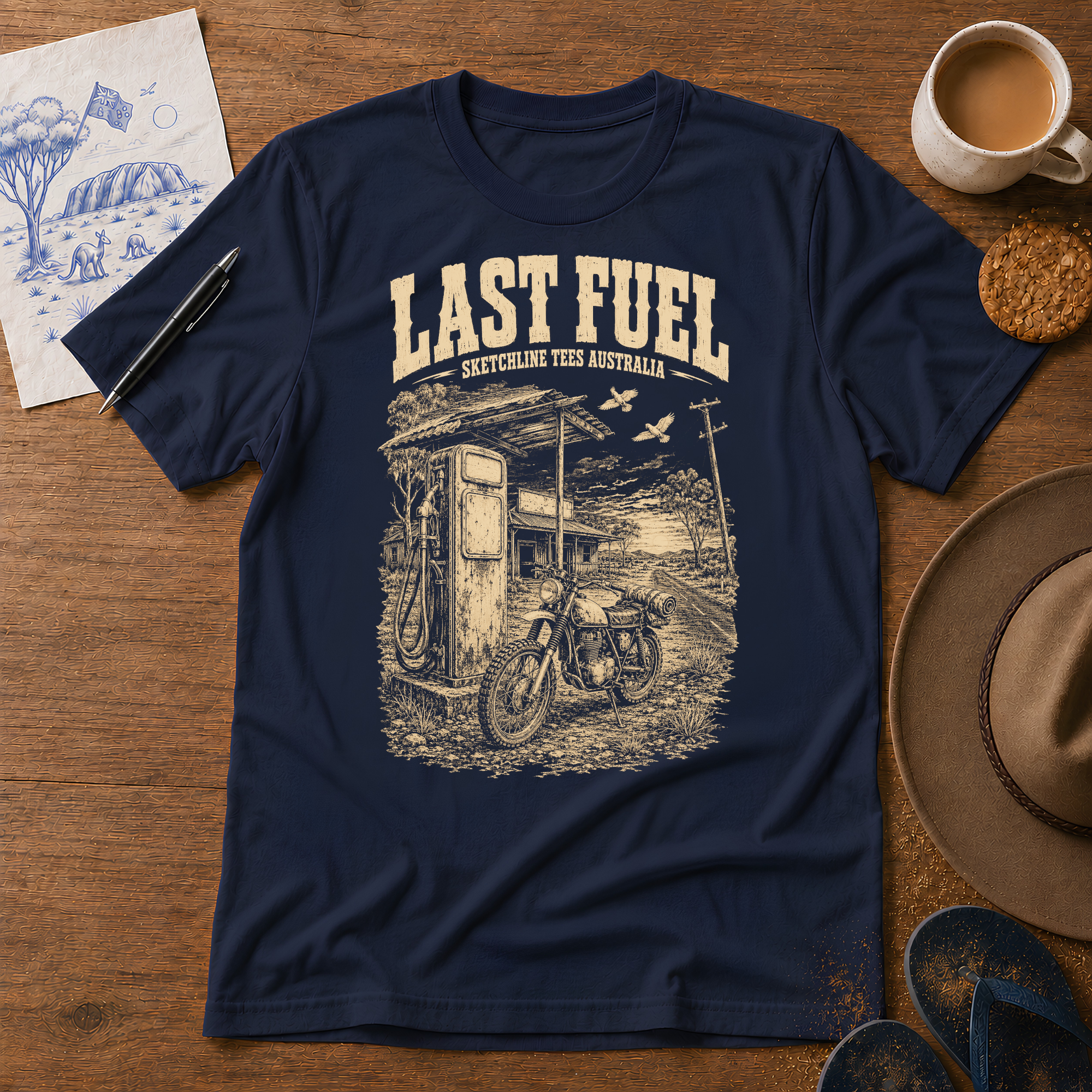 Last Fuel Australian ink-sketch T-shirt in Navy