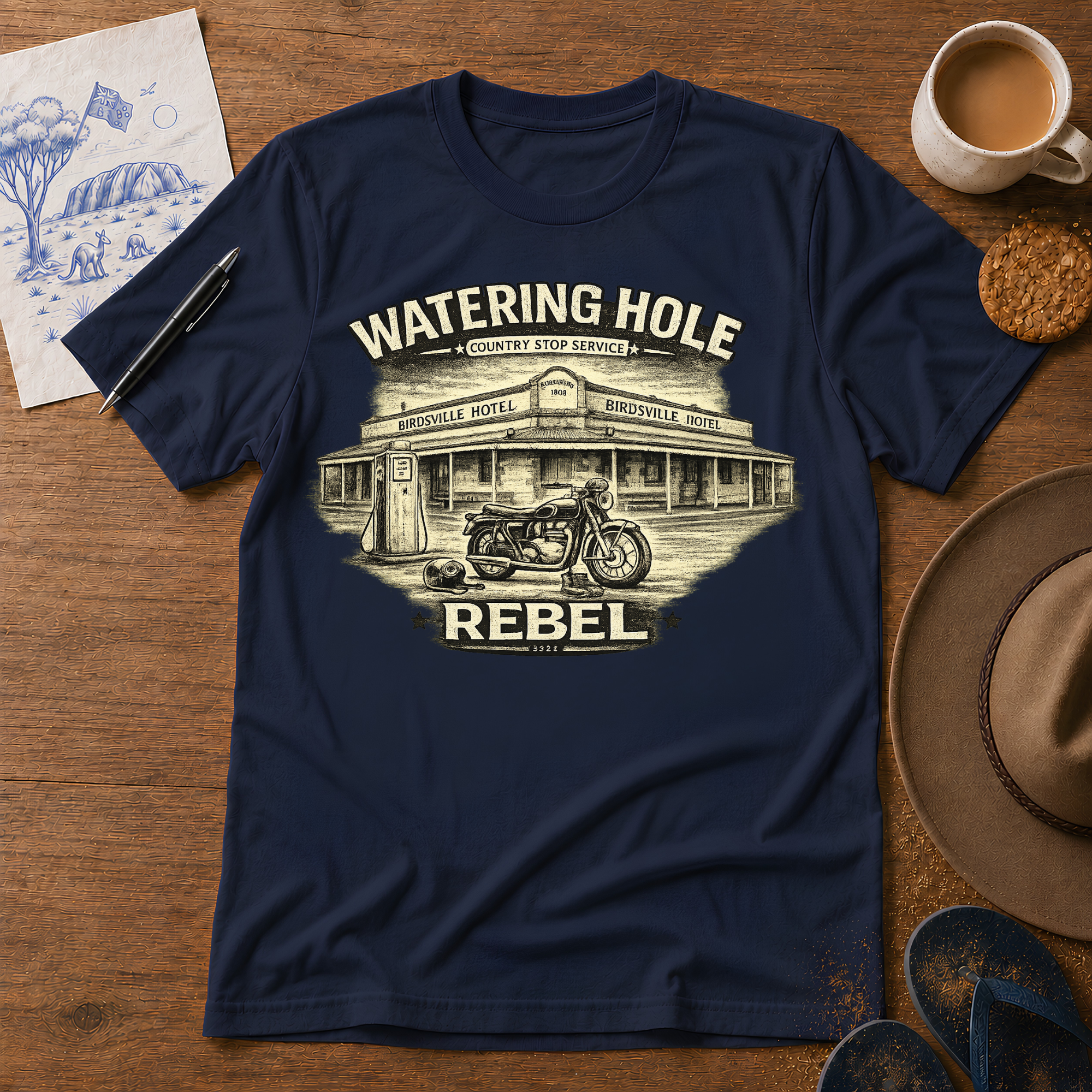 Watering Hole Tee in navy – Australian outback graphic T-shirt