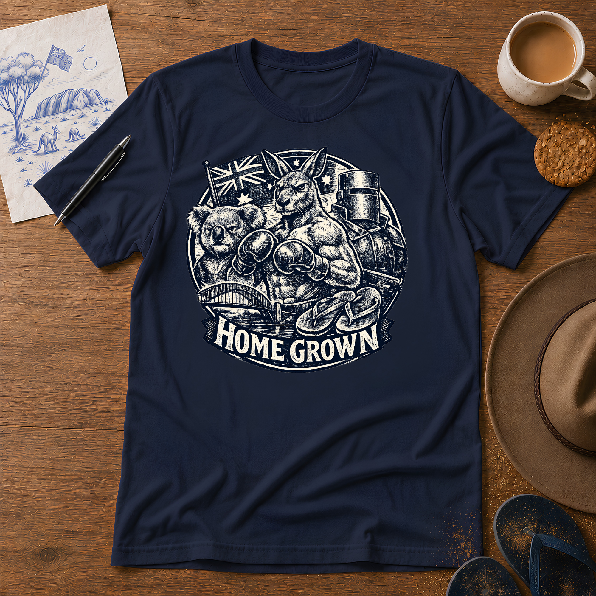 Home Grown Australian ink-sketch T-shirt in Navy