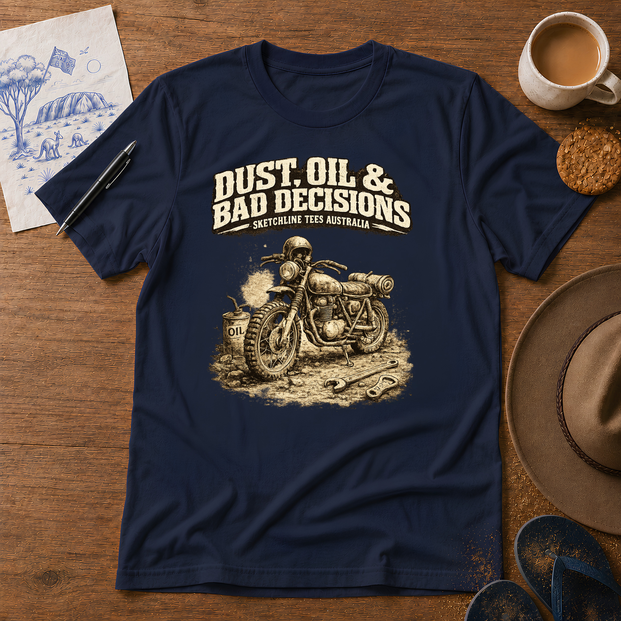 Dust, Oil & Bad Decisions Tee by Sketchline Tees - motorcycle graphic T-shirt
