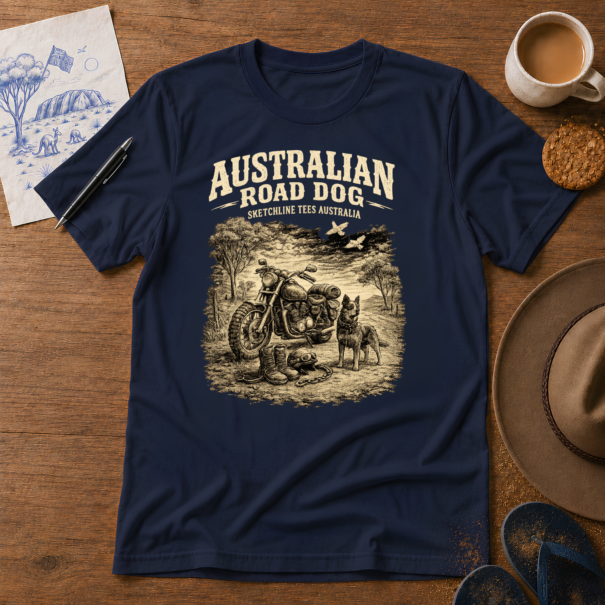 Australian Road Dog Tee by Sketchline Tees - Aussie road trip graphic T-shirt