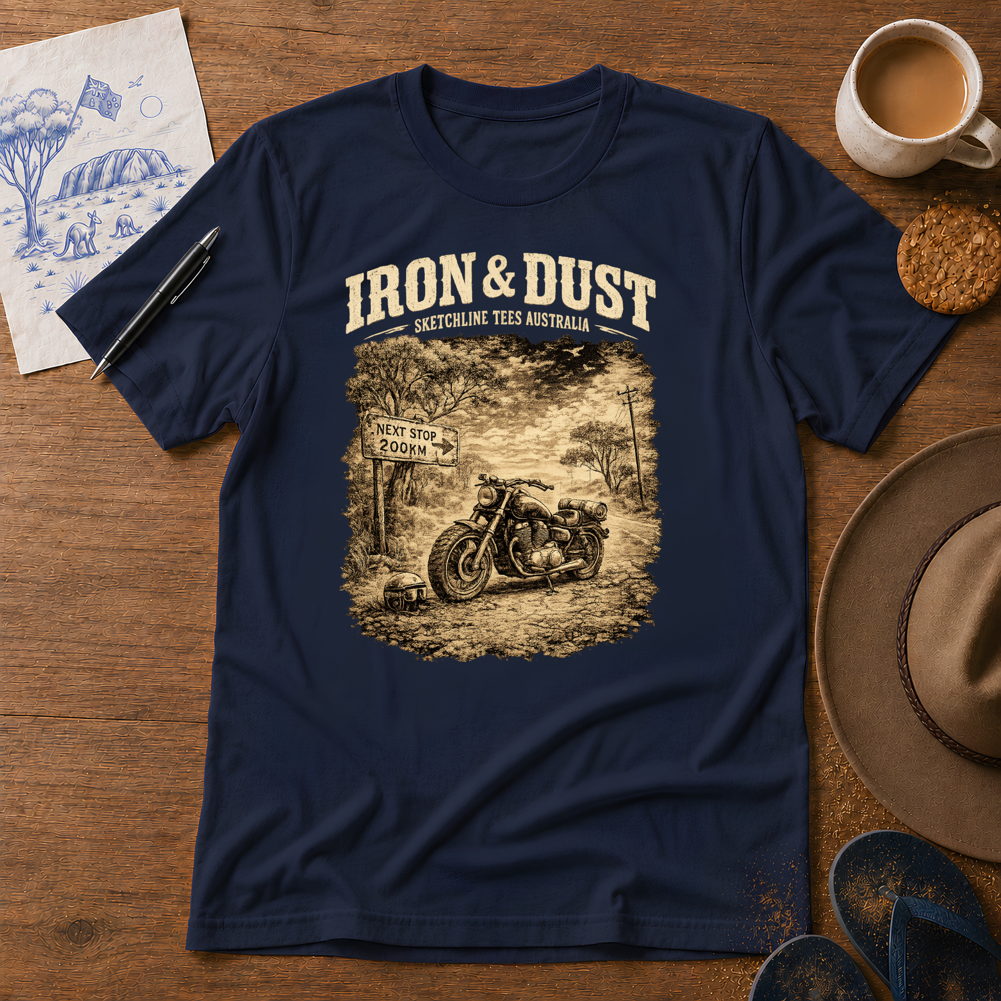 Iron & Dust Tee in navy – Australian motorcycle graphic T-shirt