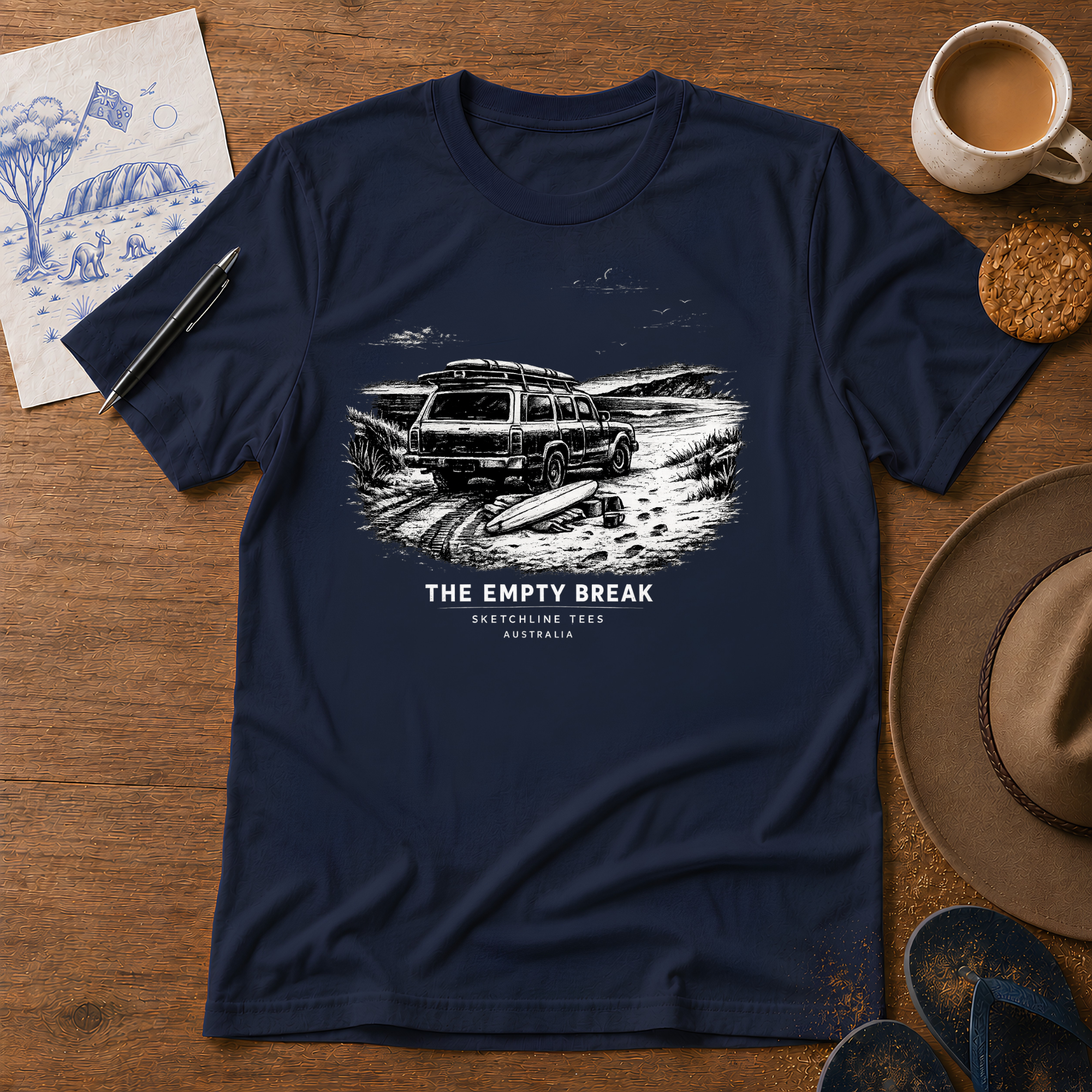 The Empty Break Australian ink-sketch T-shirt in Navy