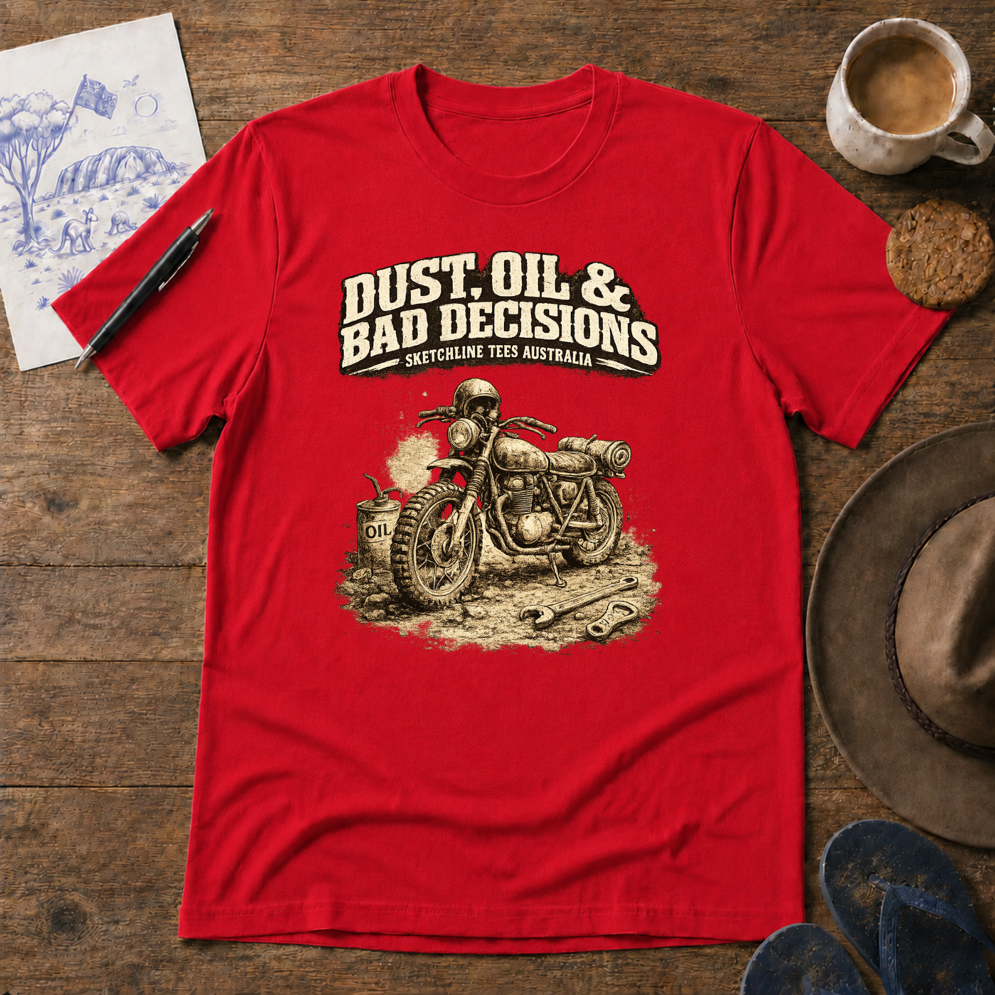Dust, Oil & Bad Decisions Tee by Sketchline Tees - motorcycle graphic T-shirt