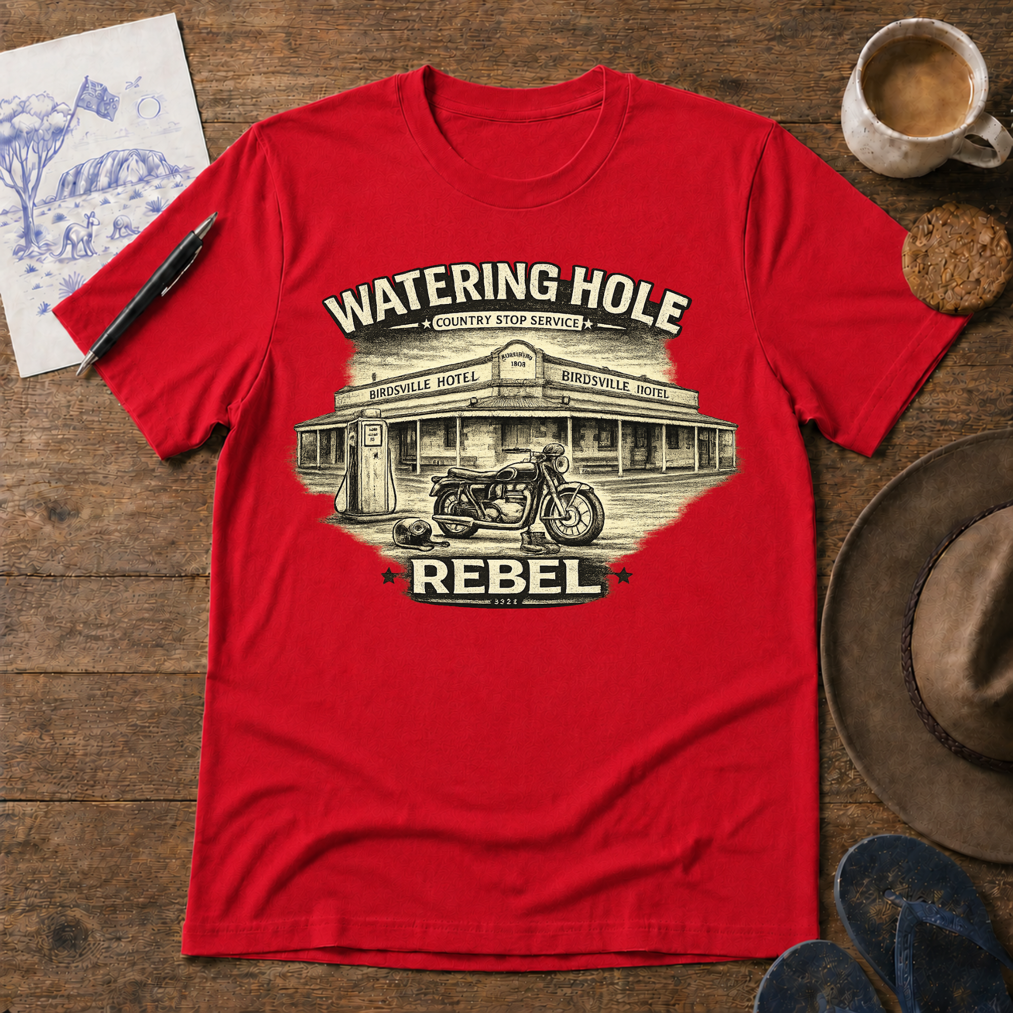 Watering Hole Tee in red – Australian outback graphic T-shirt