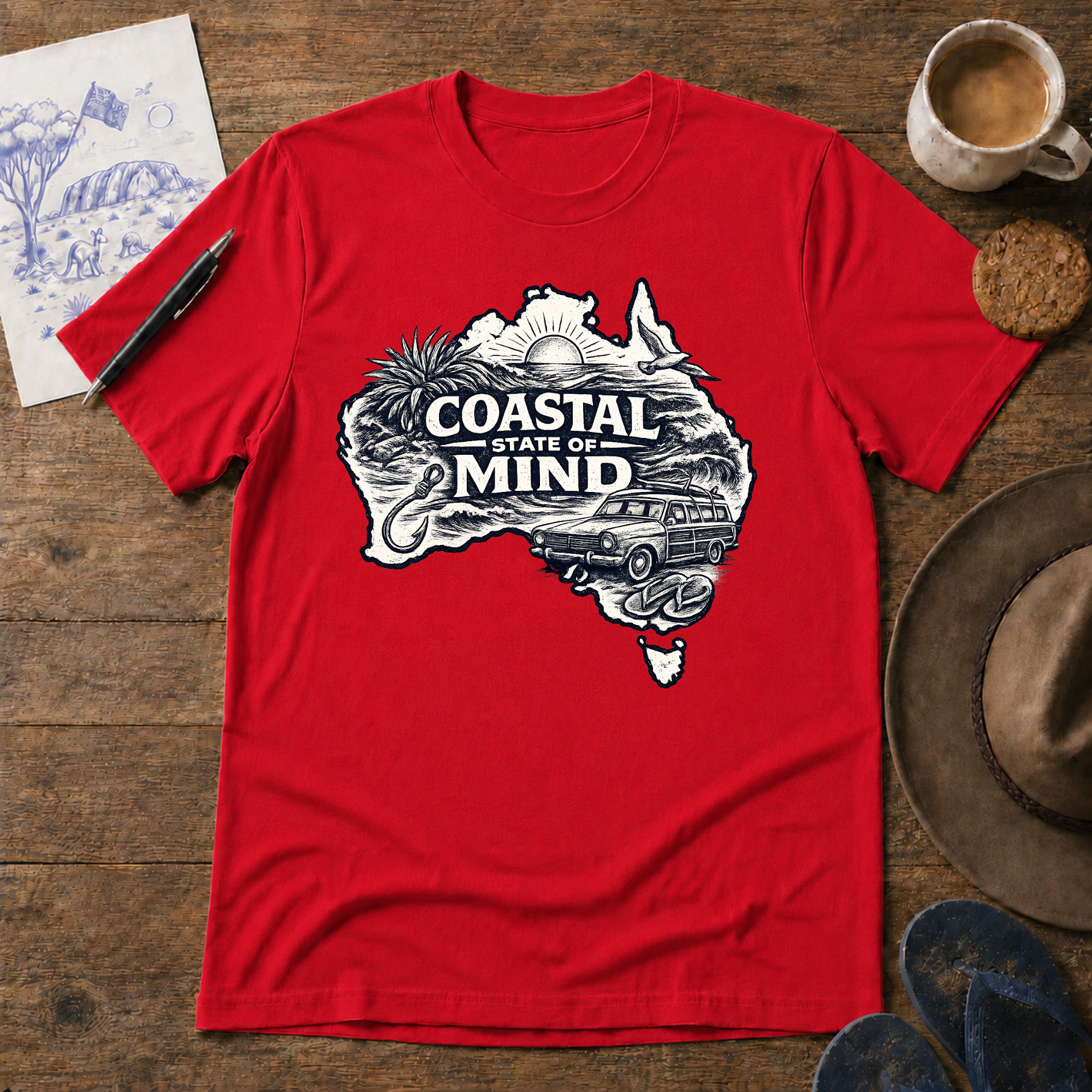 Coastal State of Mind Tee in red – Australian coastal graphic T-shirt
