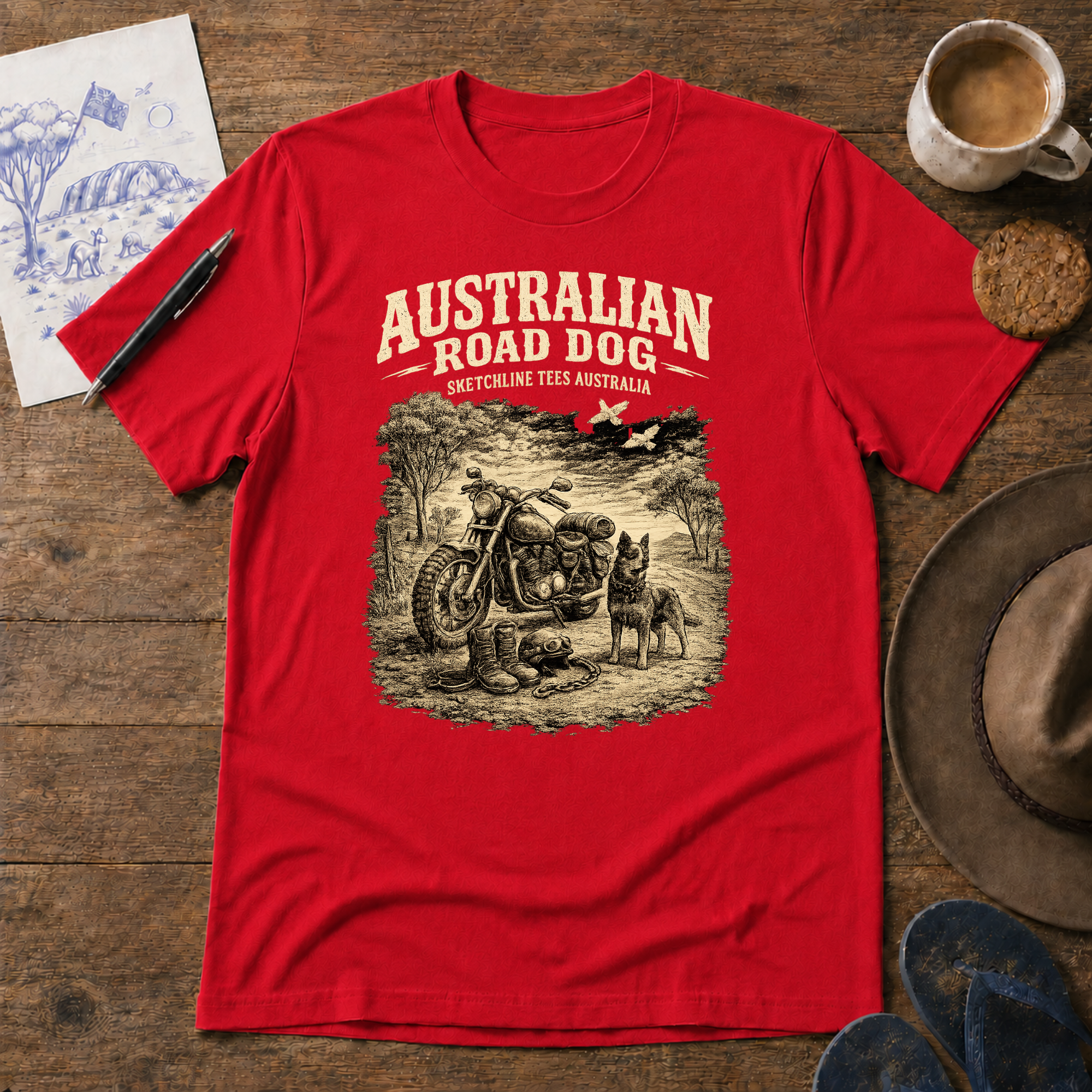 Australian Road Dog Tee by Sketchline Tees - Aussie road trip graphic T-shirt