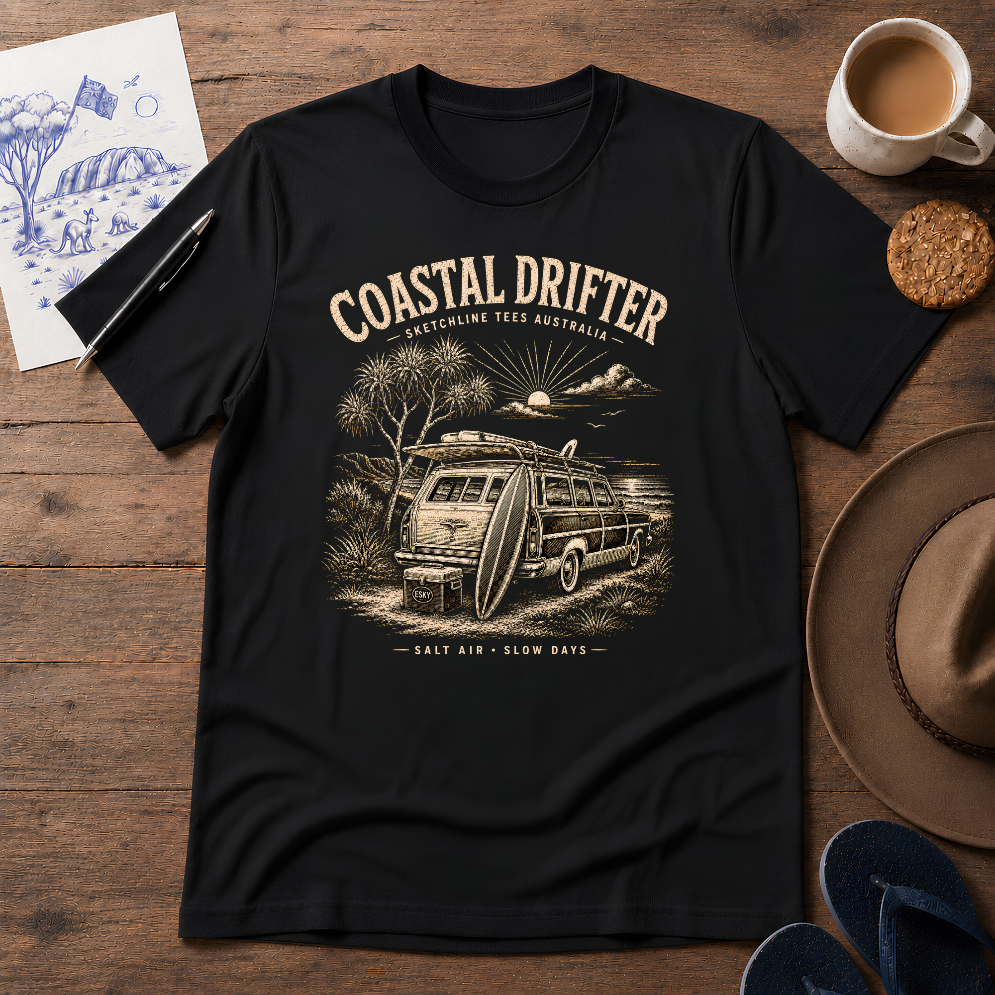 Coastal Drifter – Dark Edition ink-sketch T-shirt, in Black