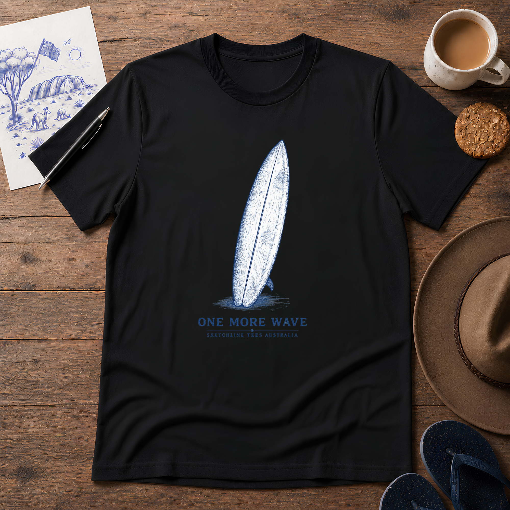 One More Wave Australian ink-sketch T-shirt in Black