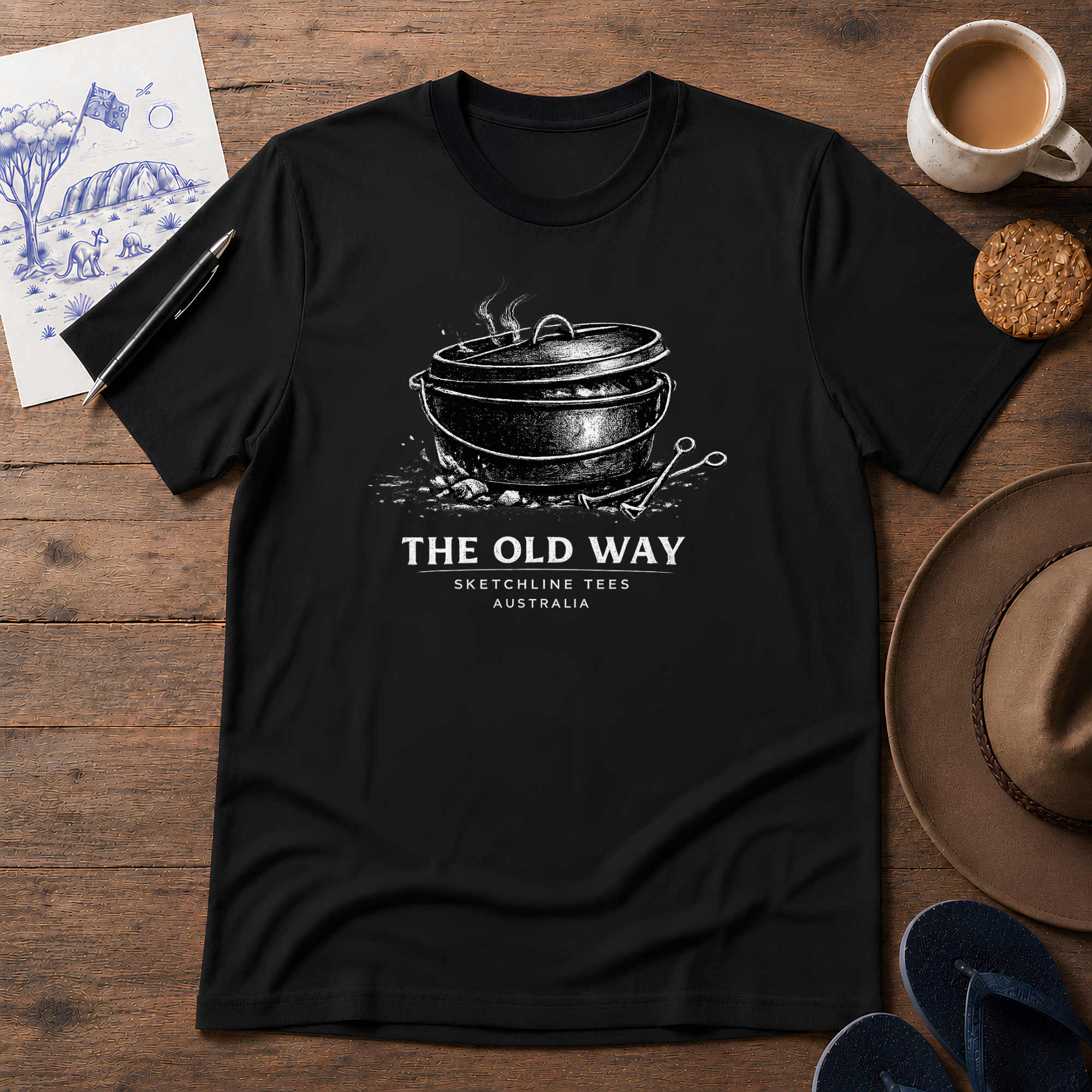 The Old Way Australian ink-sketch T-shirt in Black