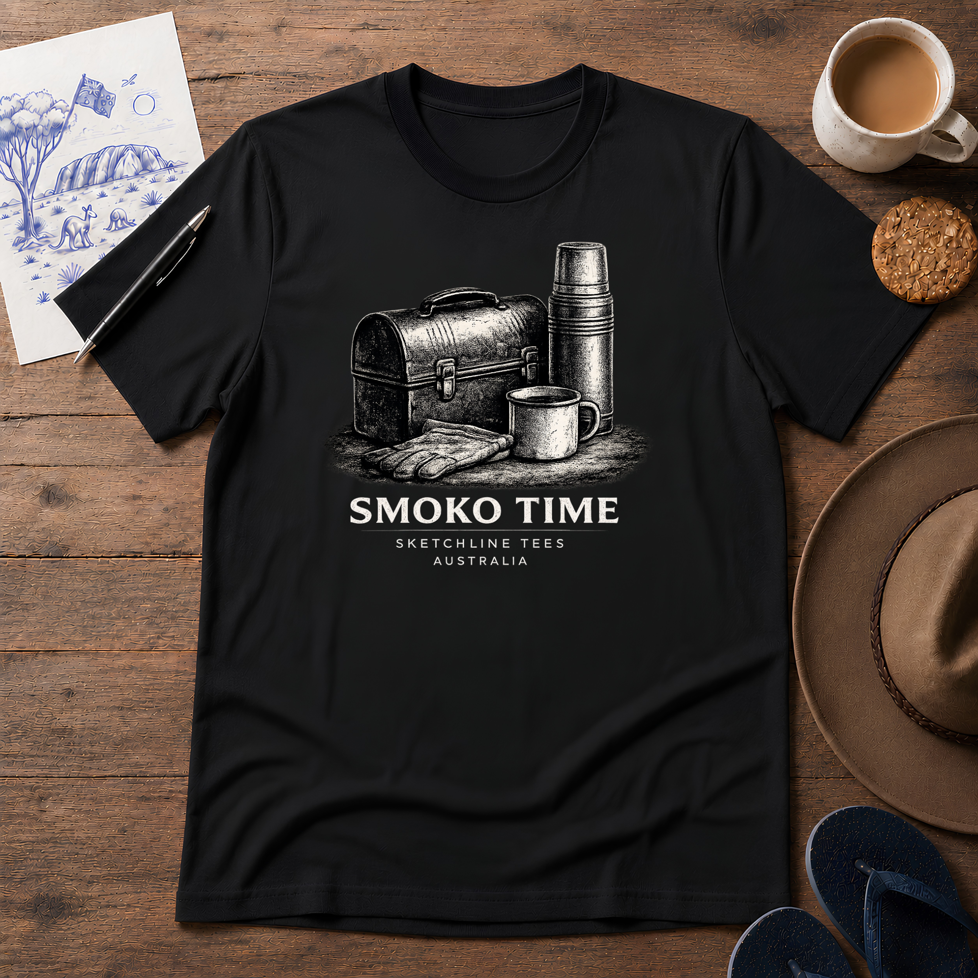 Smoko Time Australian ink-sketch T-shirt in Black