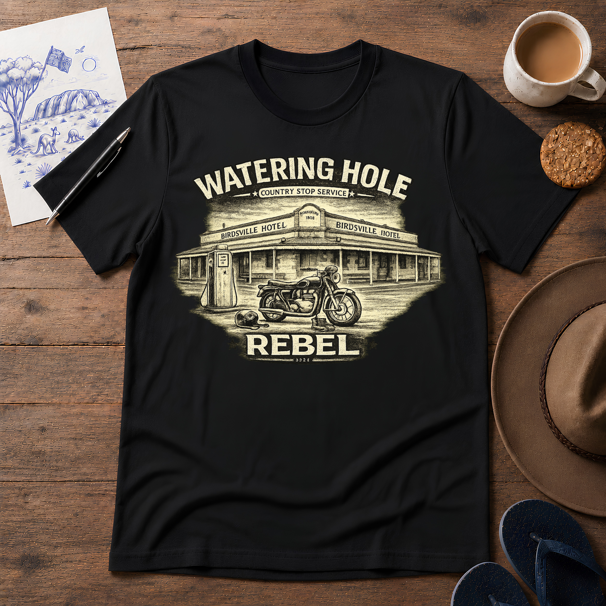 Watering Hole Tee in black – Australian outback graphic T-shirt