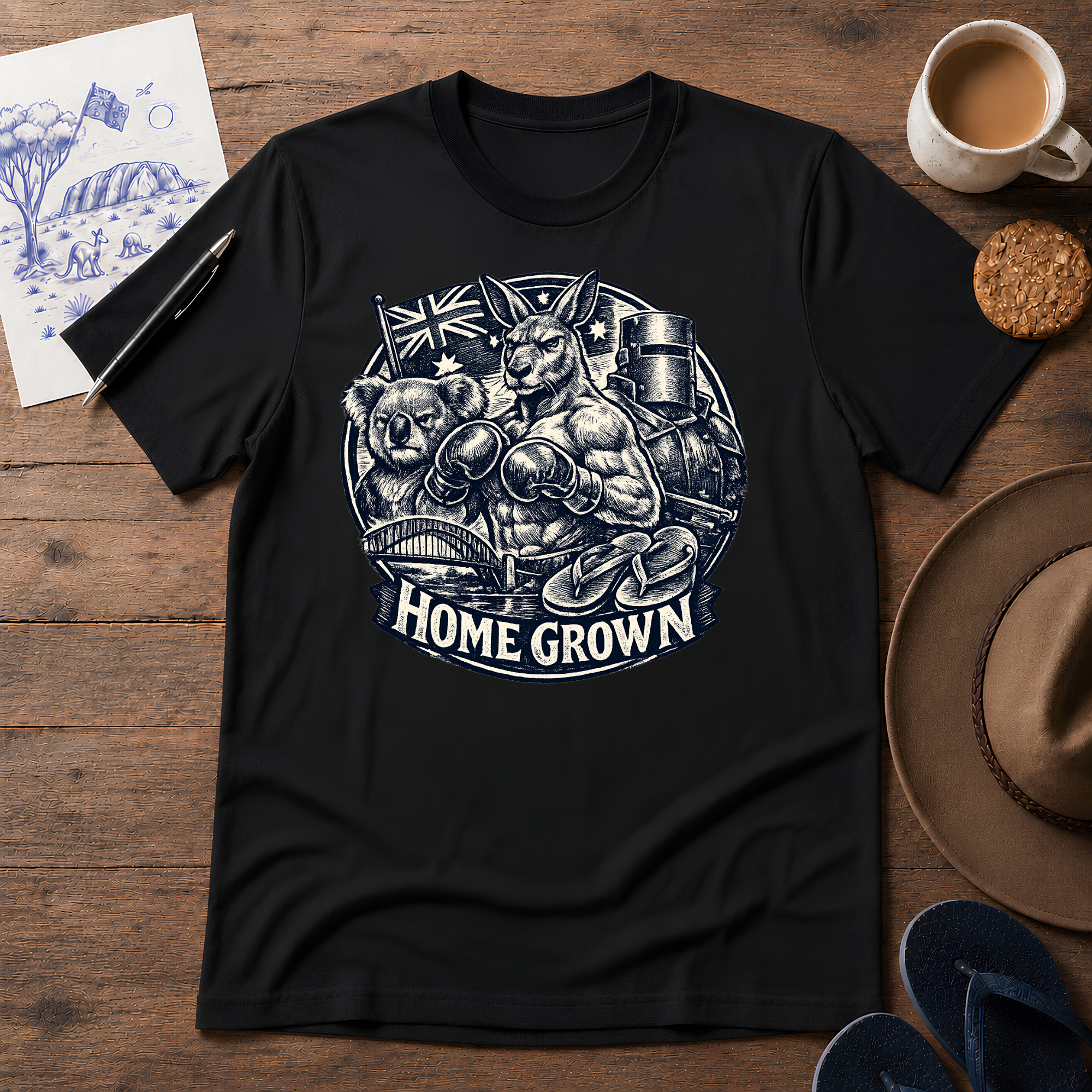 Home Grown Australian ink-sketch T-shirt in Black