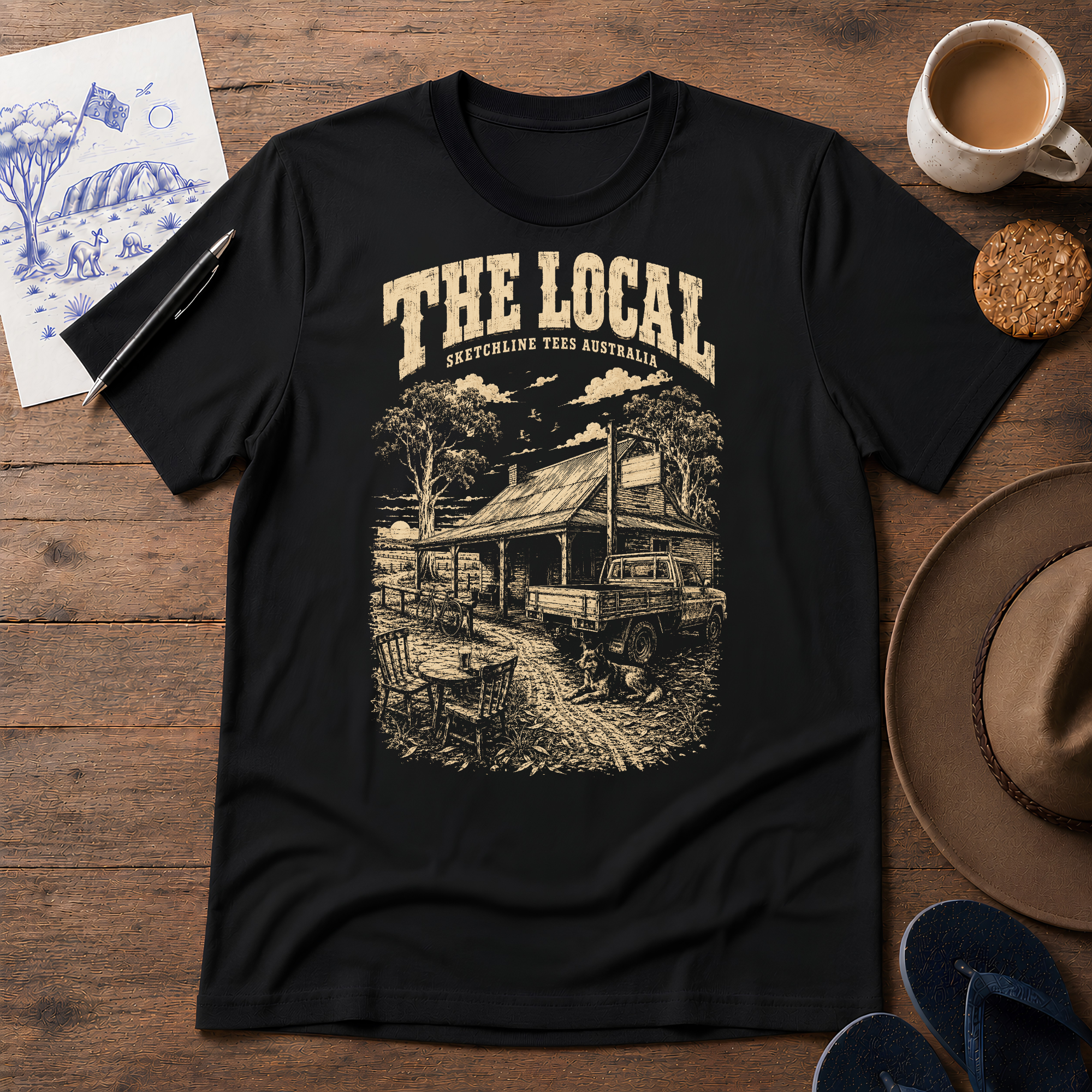 The Local Australian ink-sketch T-shirt in Black