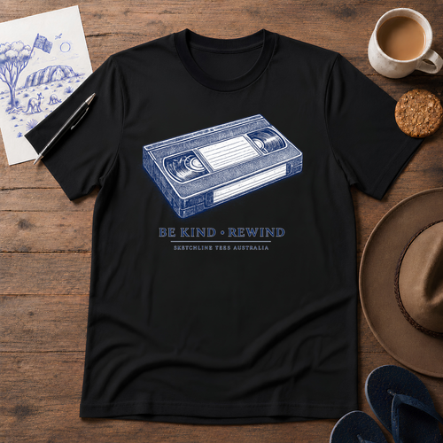 Be Kind, Rewind retro ink-sketch T-shirt in Black