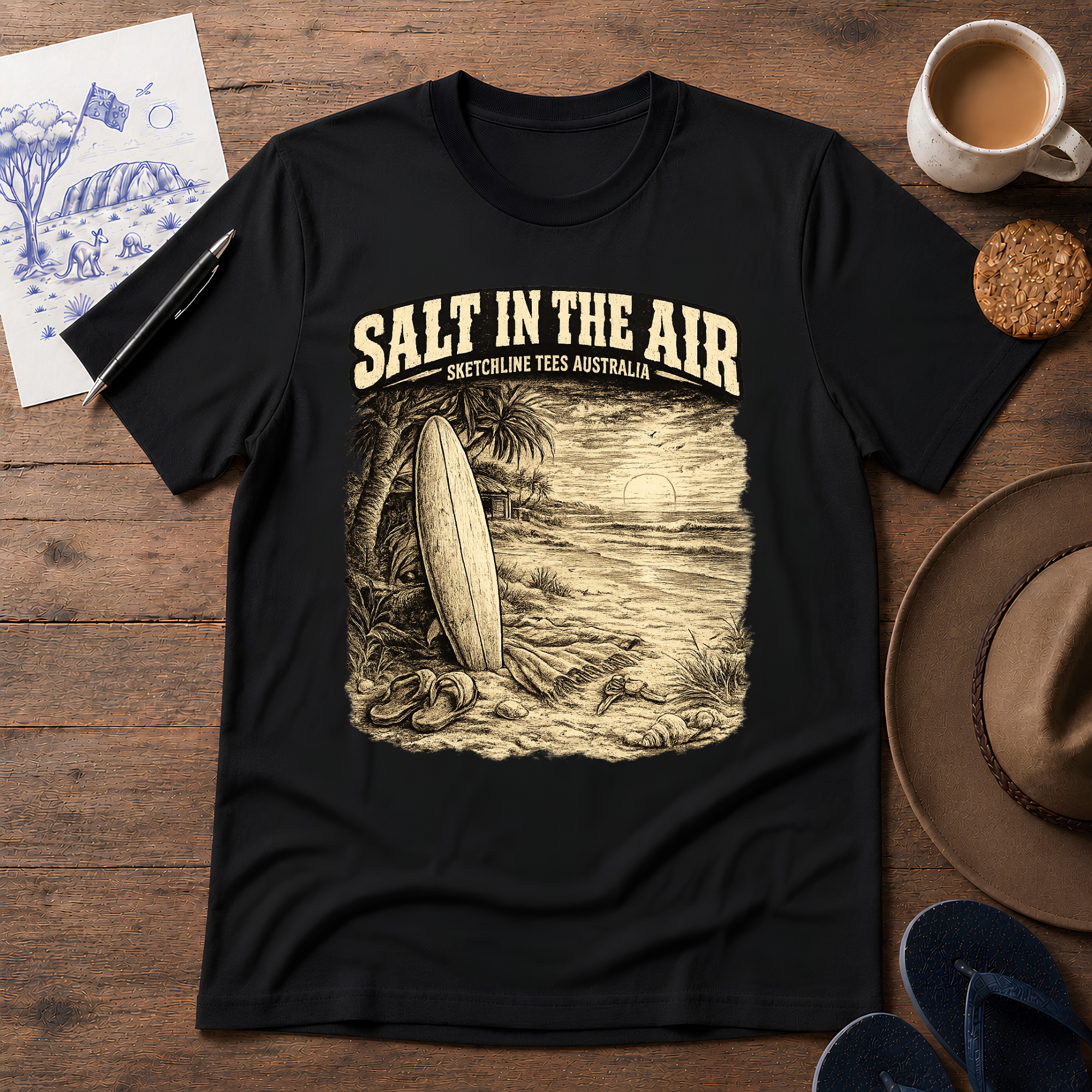 Salt in the Air Tee in black – Australian coastal graphic T-shirt