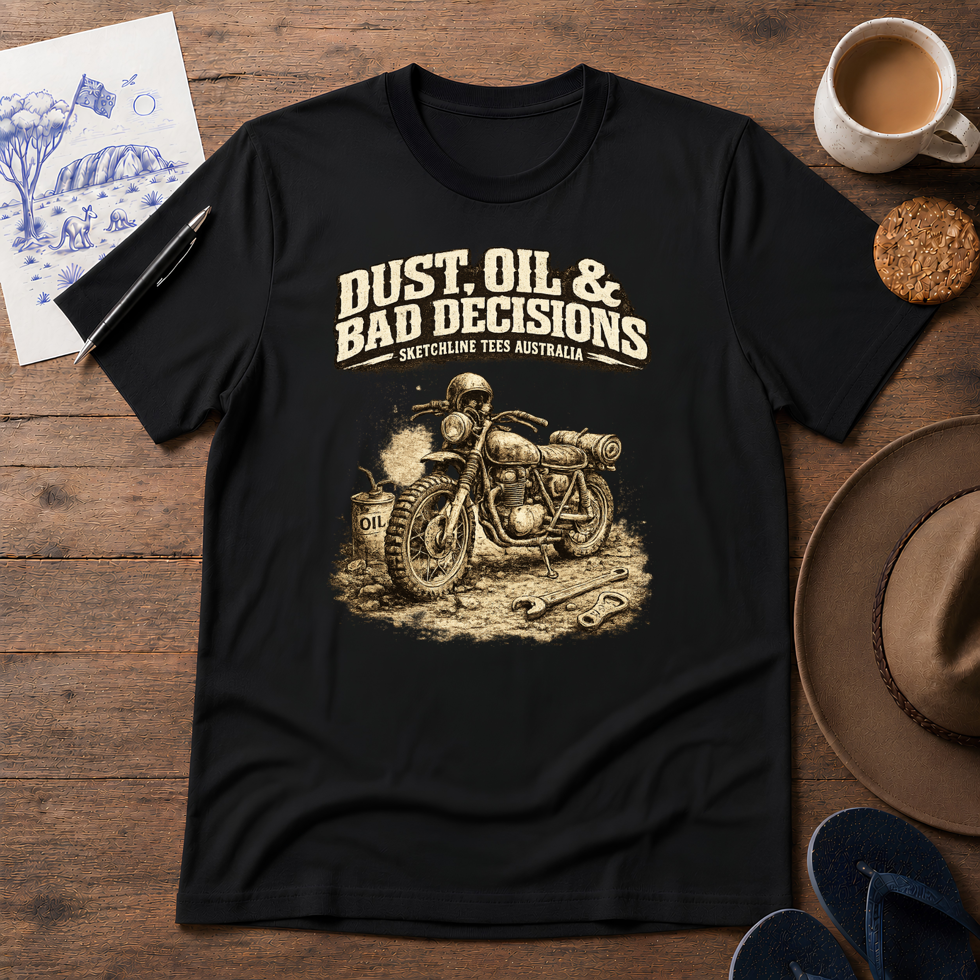 Dust, Oil & Bad Decisions Tee by Sketchline Tees - motorcycle graphic T-shirt