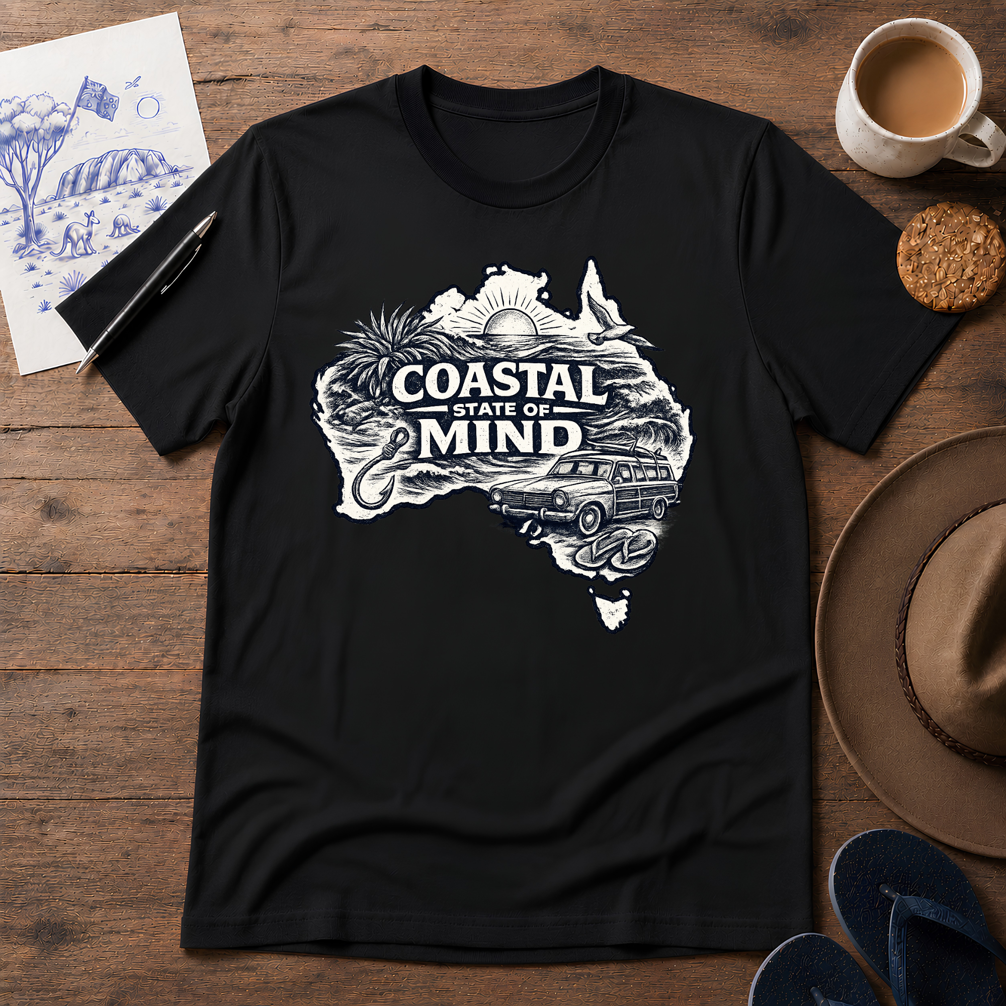 Coastal State of Mind Tee in black – Australian coastal graphic T-shirt