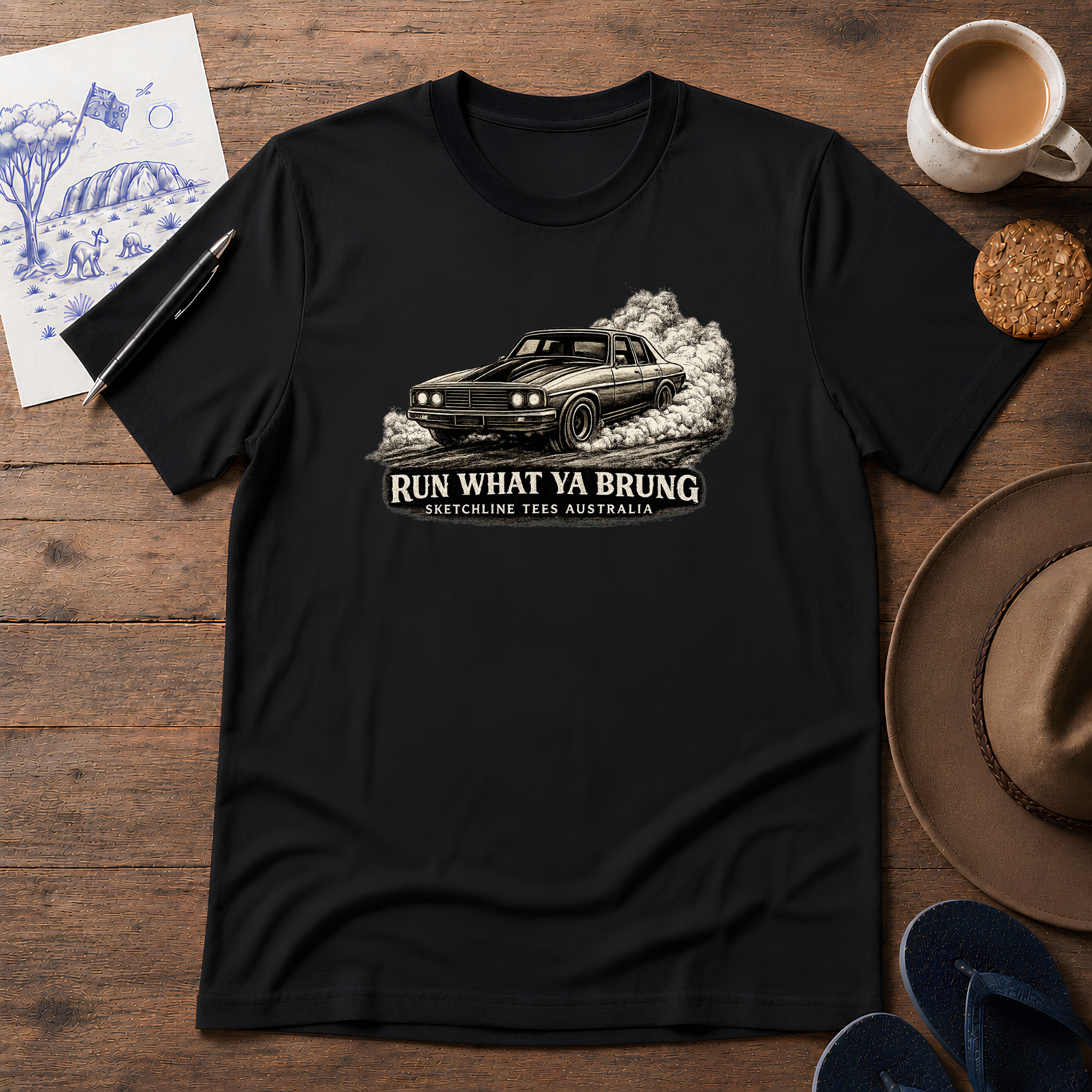 Run What Ya Brung Australian drag-strip ink-sketch T-shirt in Black