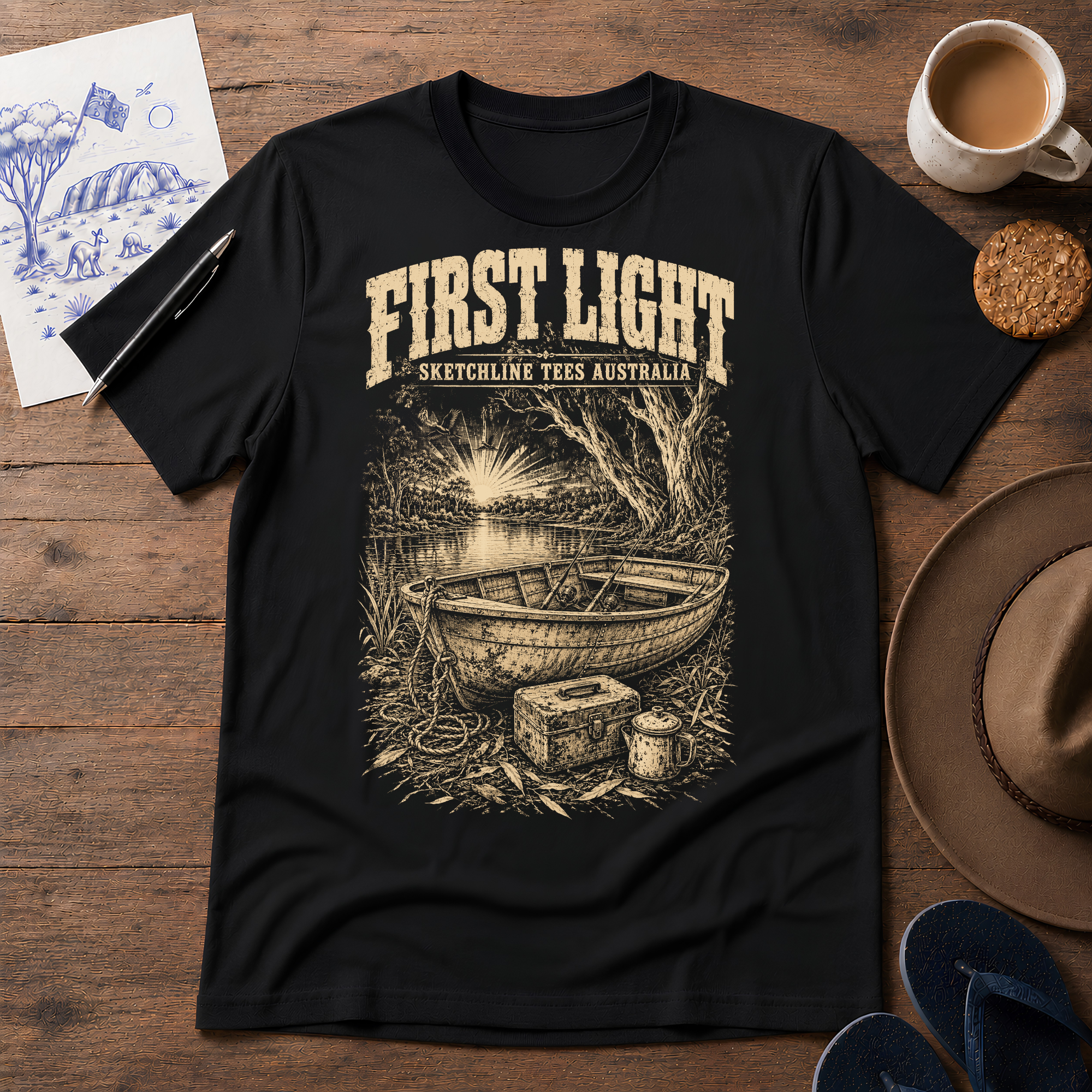 First Light Australian ink-sketch T-shirt in Black