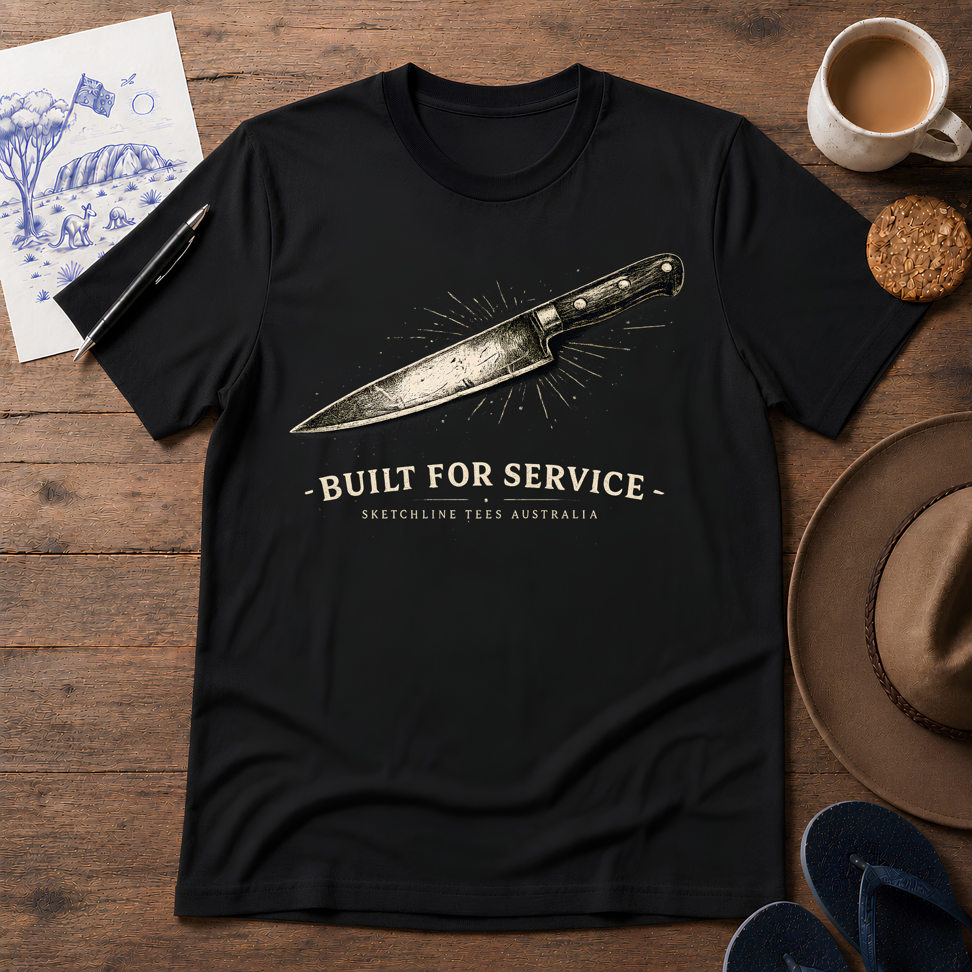 Built for Service Australian ink-sketch T-shirt in Black