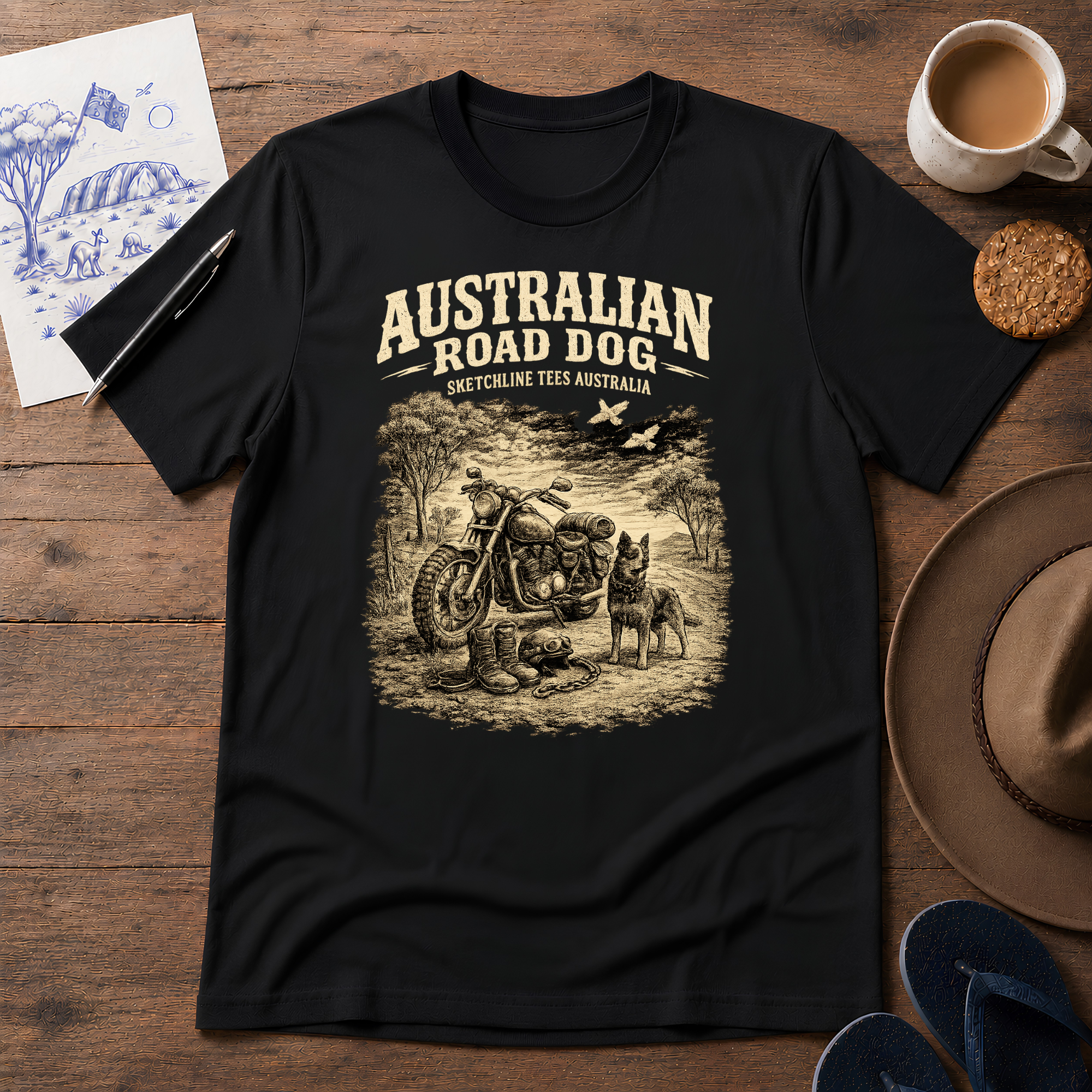 Australian Road Dog Tee by Sketchline Tees - Aussie road trip graphic T-shirt