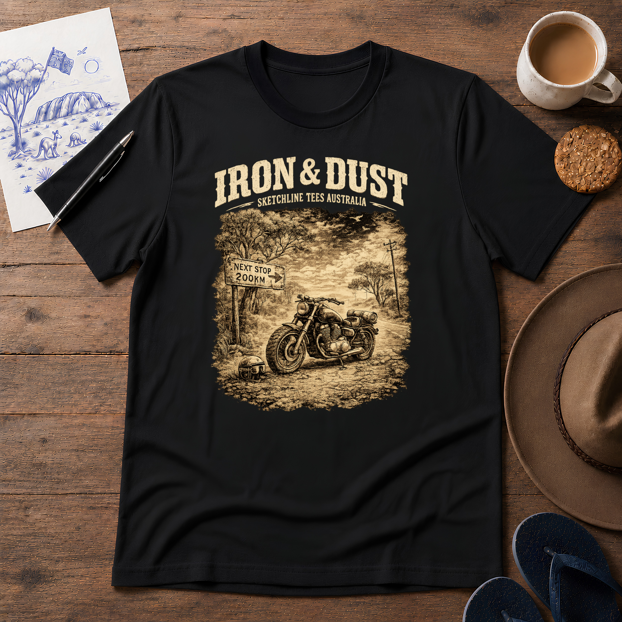Iron & Dust Tee in black – Australian motorcycle graphic T-shirt