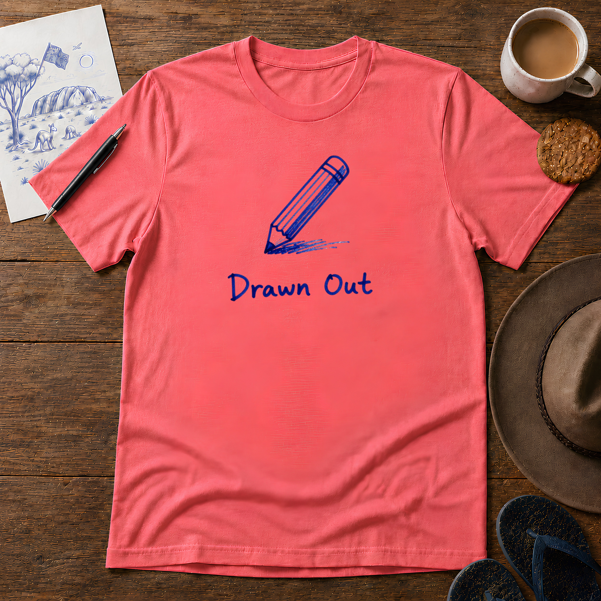 Drawn Out Tee ink-sketch T-shirt, in Coral Silk
