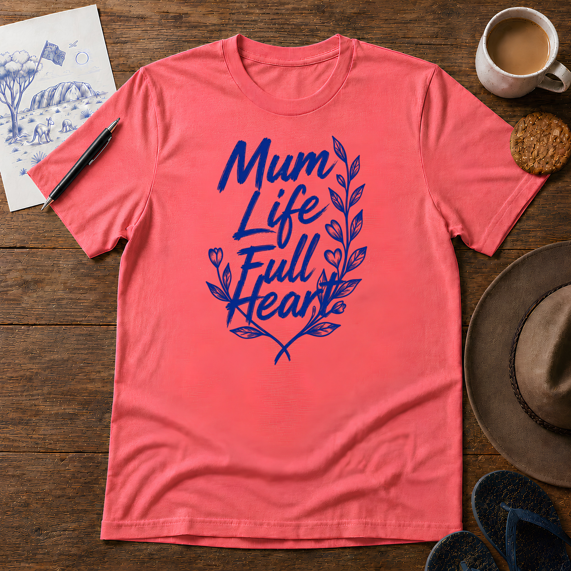 Mum Life Tee ink-sketch T-shirt, in Coral Silk