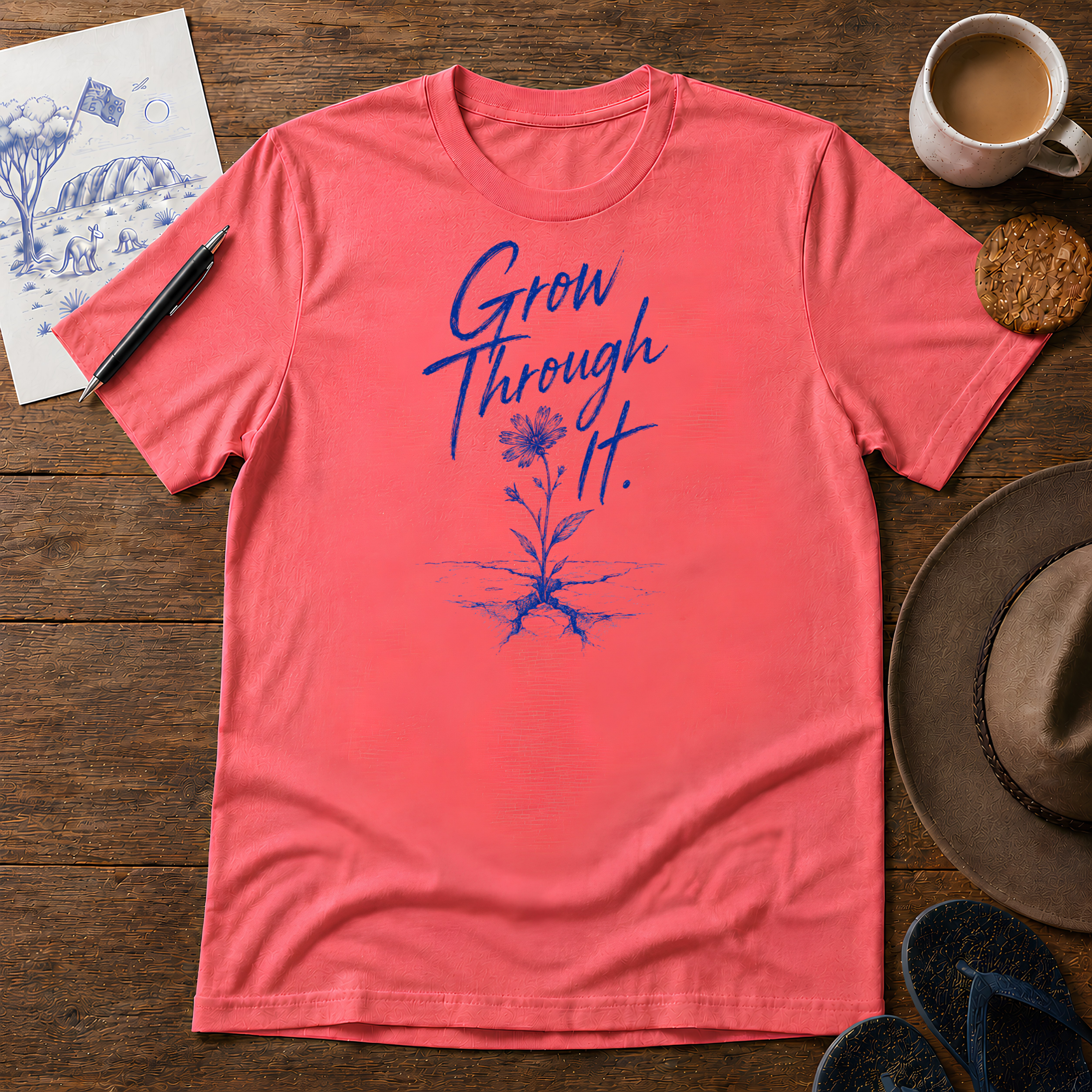 Grow Through It Tee ink-sketch T-shirt, in Coral Silk