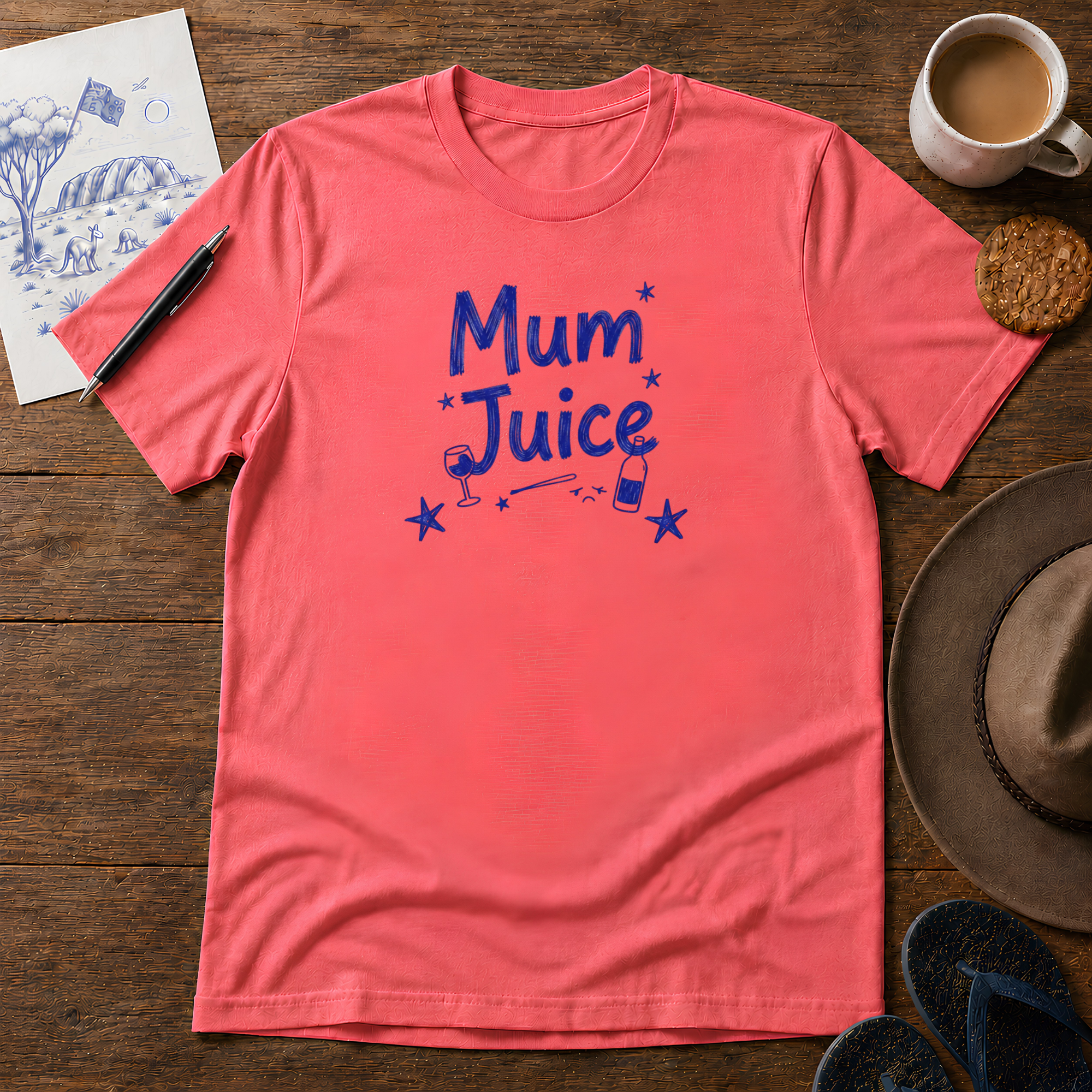Mum Juice Tee ink-sketch T-shirt, in Coral Silk