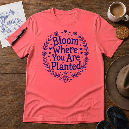 Bloom Where You Are Planted Tee ink-sketch T-shirt, in Coral Silk