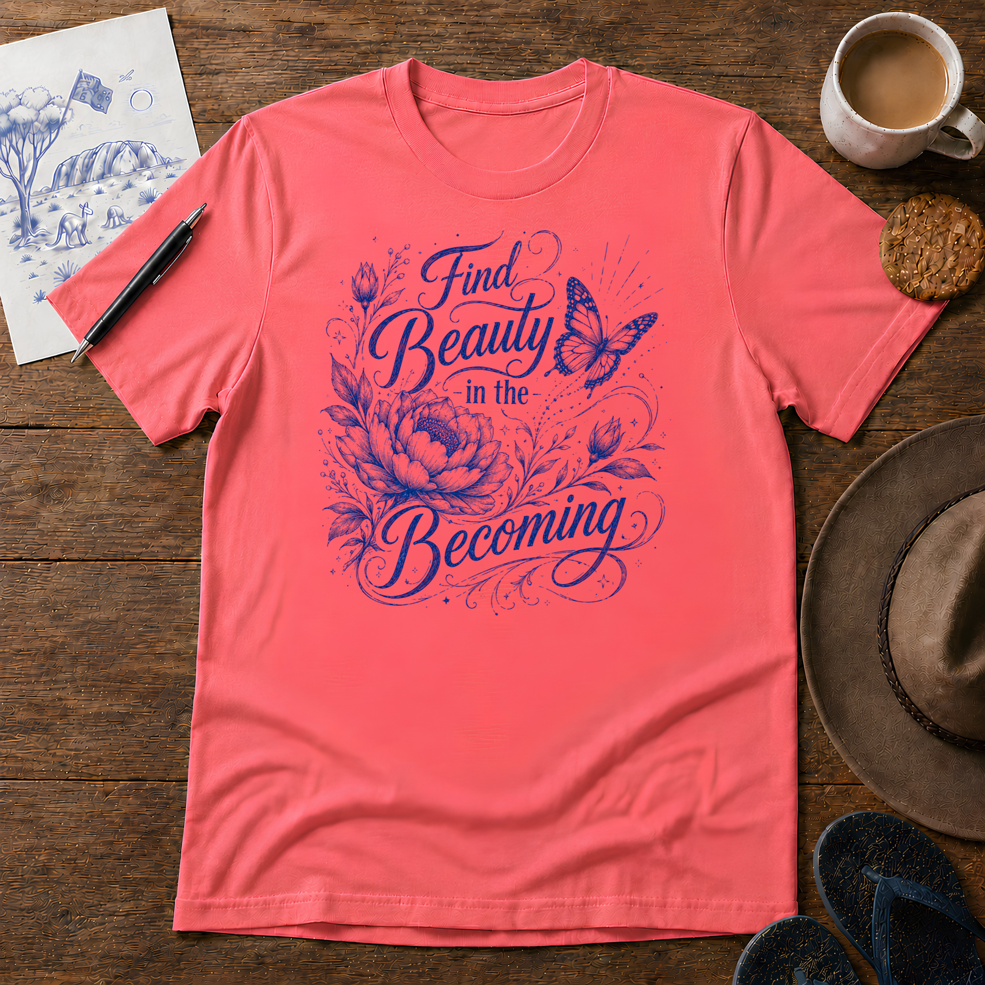 Beauty in the Becoming Tee ink-sketch T-shirt, in Coral Silk