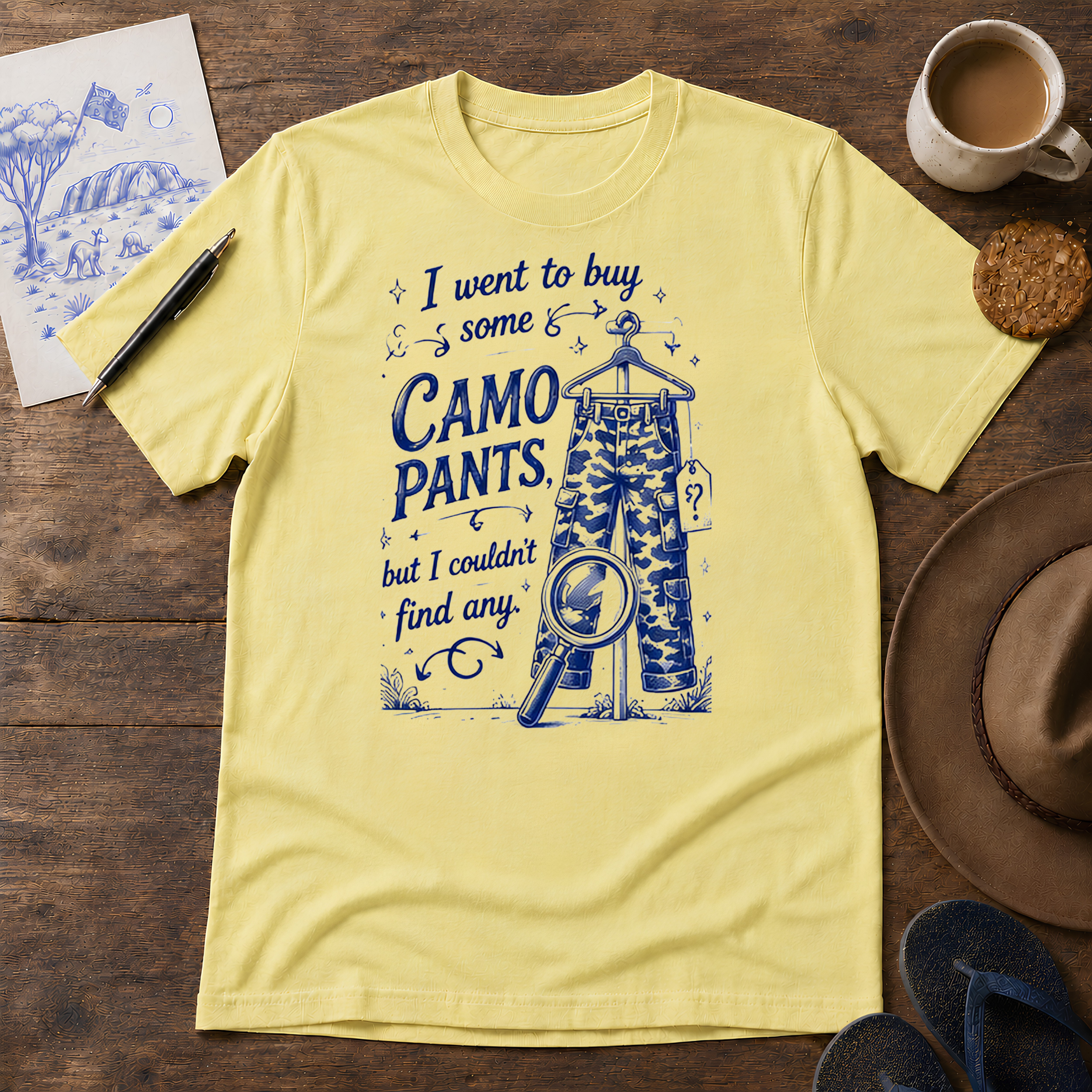 Camo Pants Tee ink-sketch T-shirt, in Cornsilk
