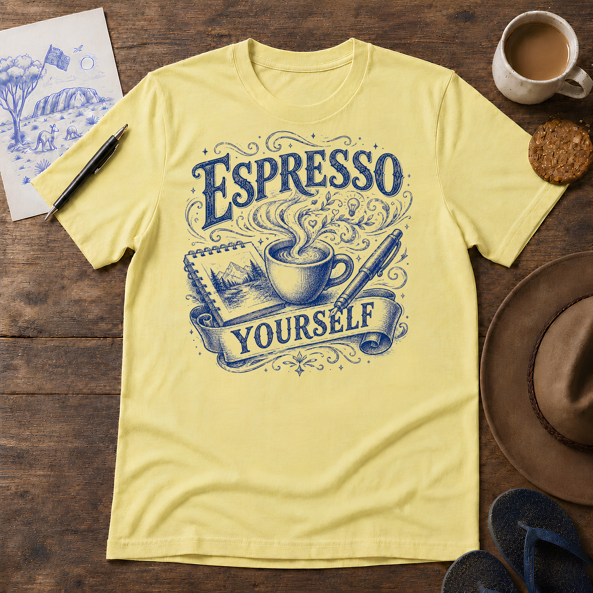 Espresso Yourself Tee ink-sketch T-shirt, in Cornsilk