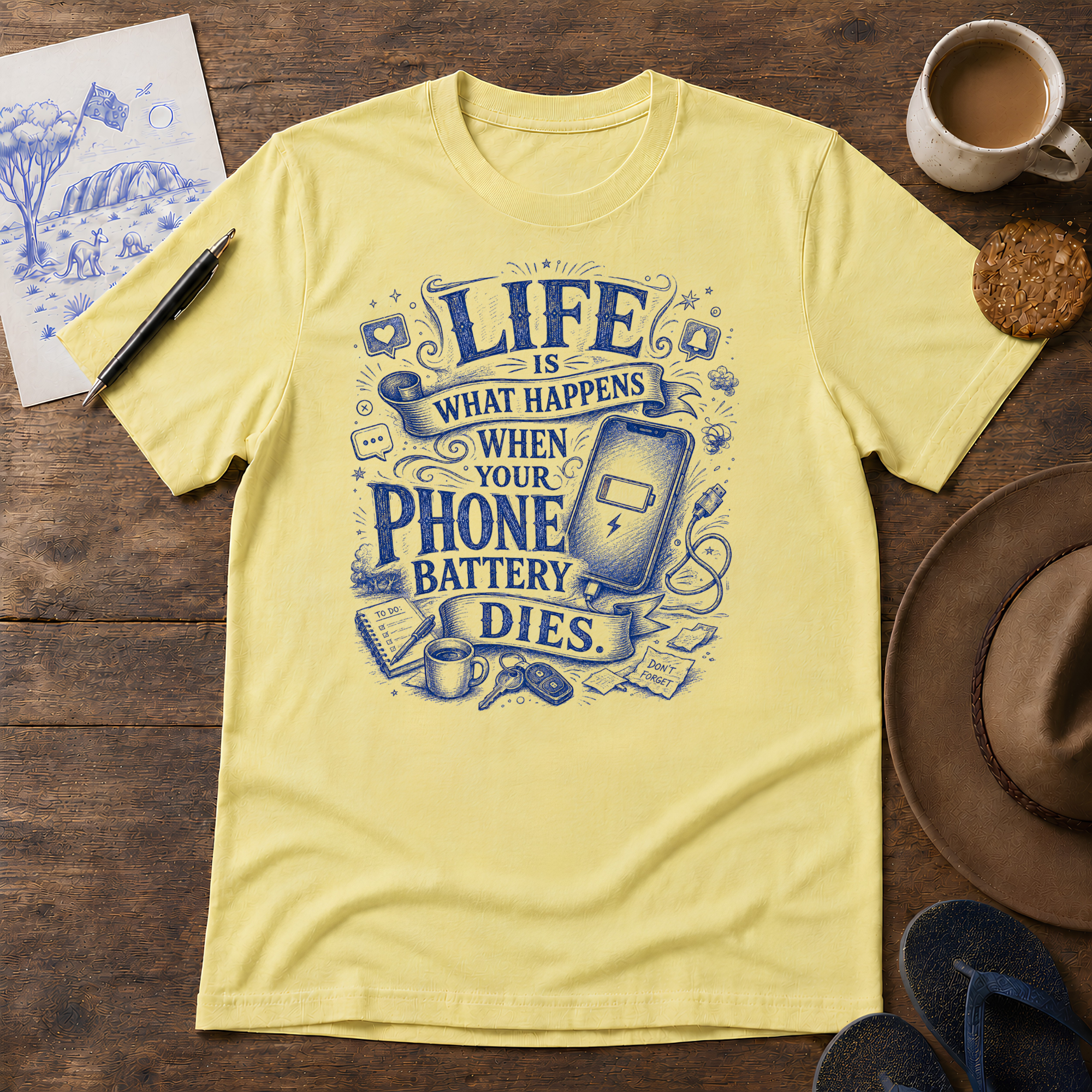 Life Happens When Your Phone Dies Tee ink-sketch T-shirt, in Cornsilk