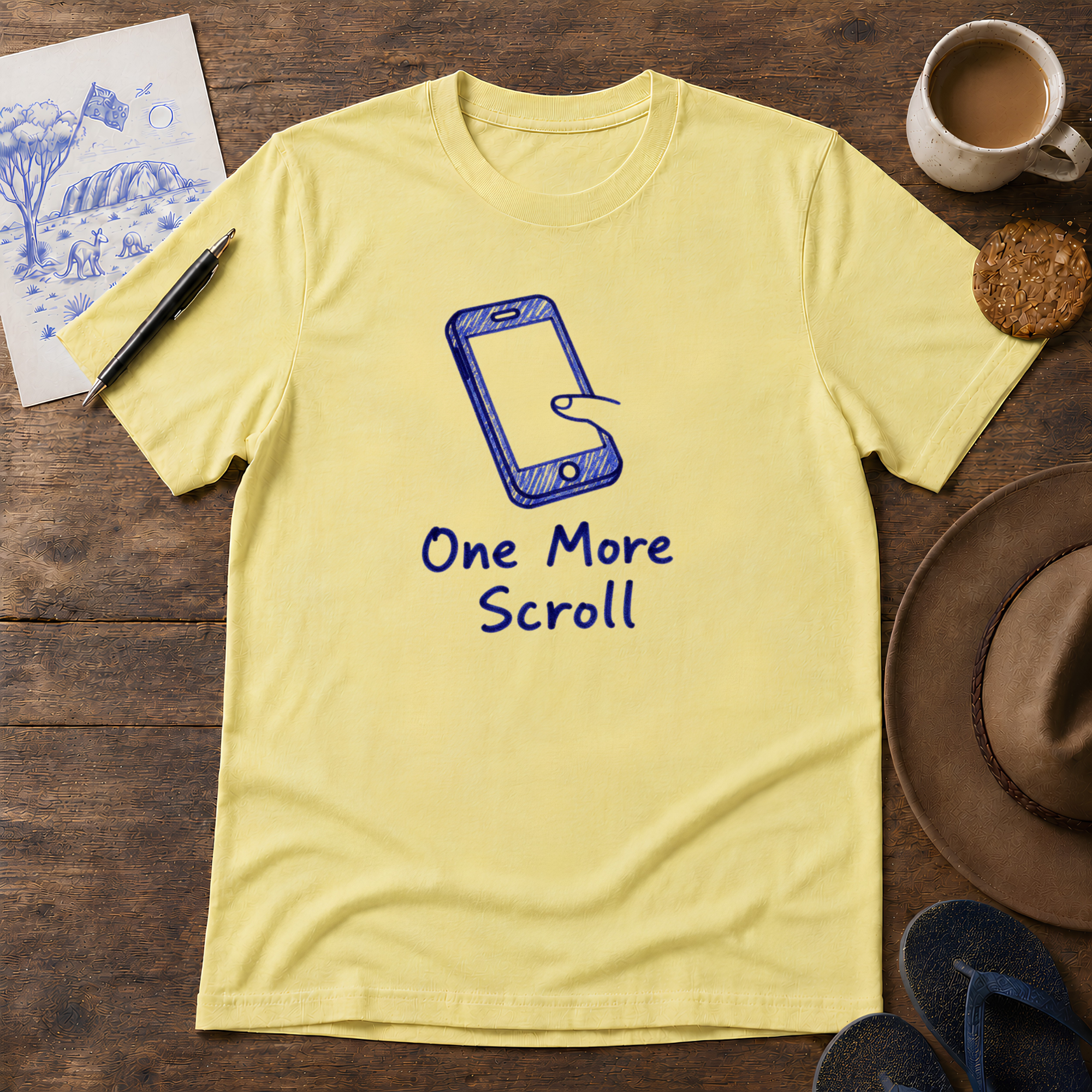 One More Scroll Tee ink-sketch T-shirt, in Cornsilk