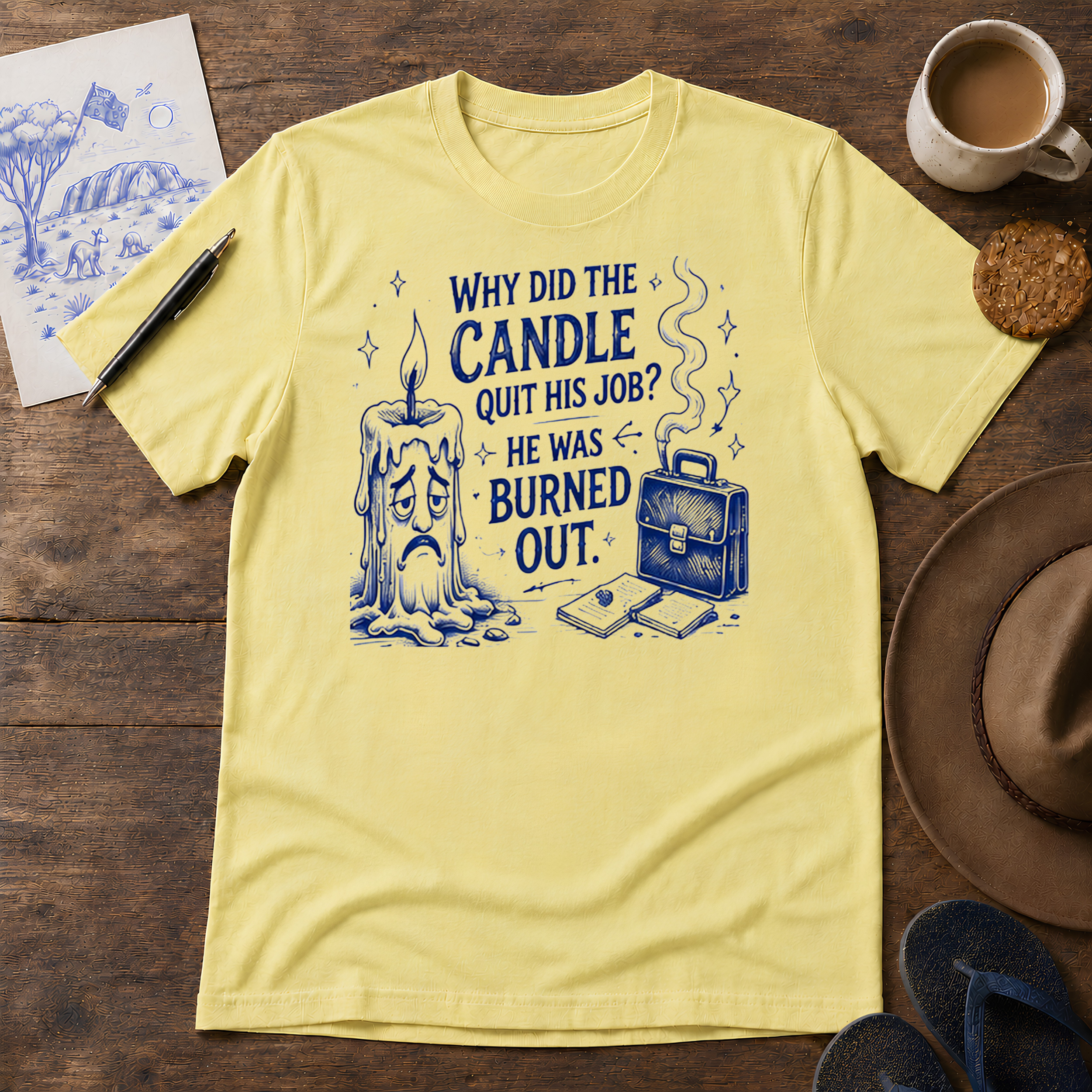 Why Did the Candle Quit His Job Tee ink-sketch T-shirt, in Cornsilk