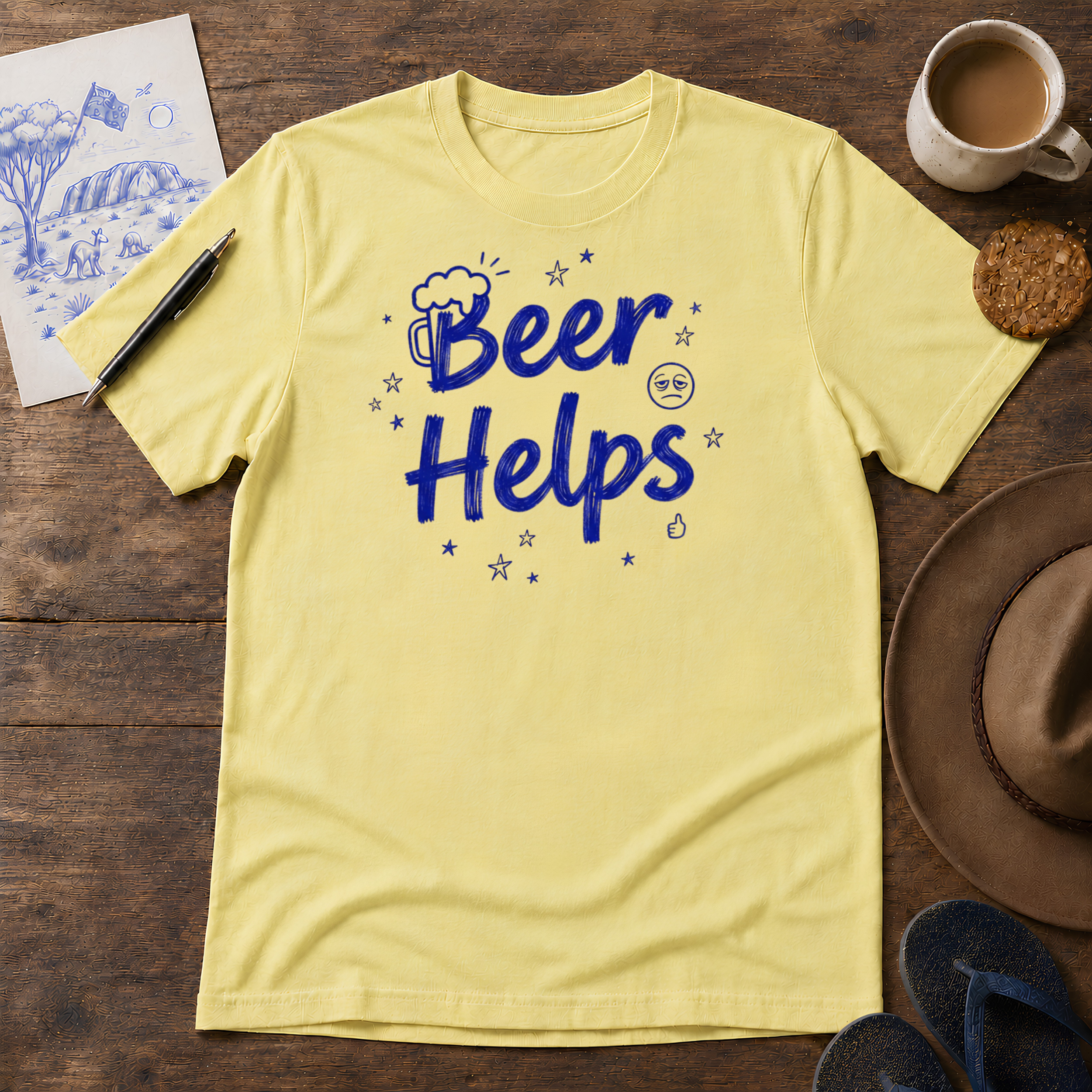 Beer Helps Tee ink-sketch T-shirt, in Cornsilk