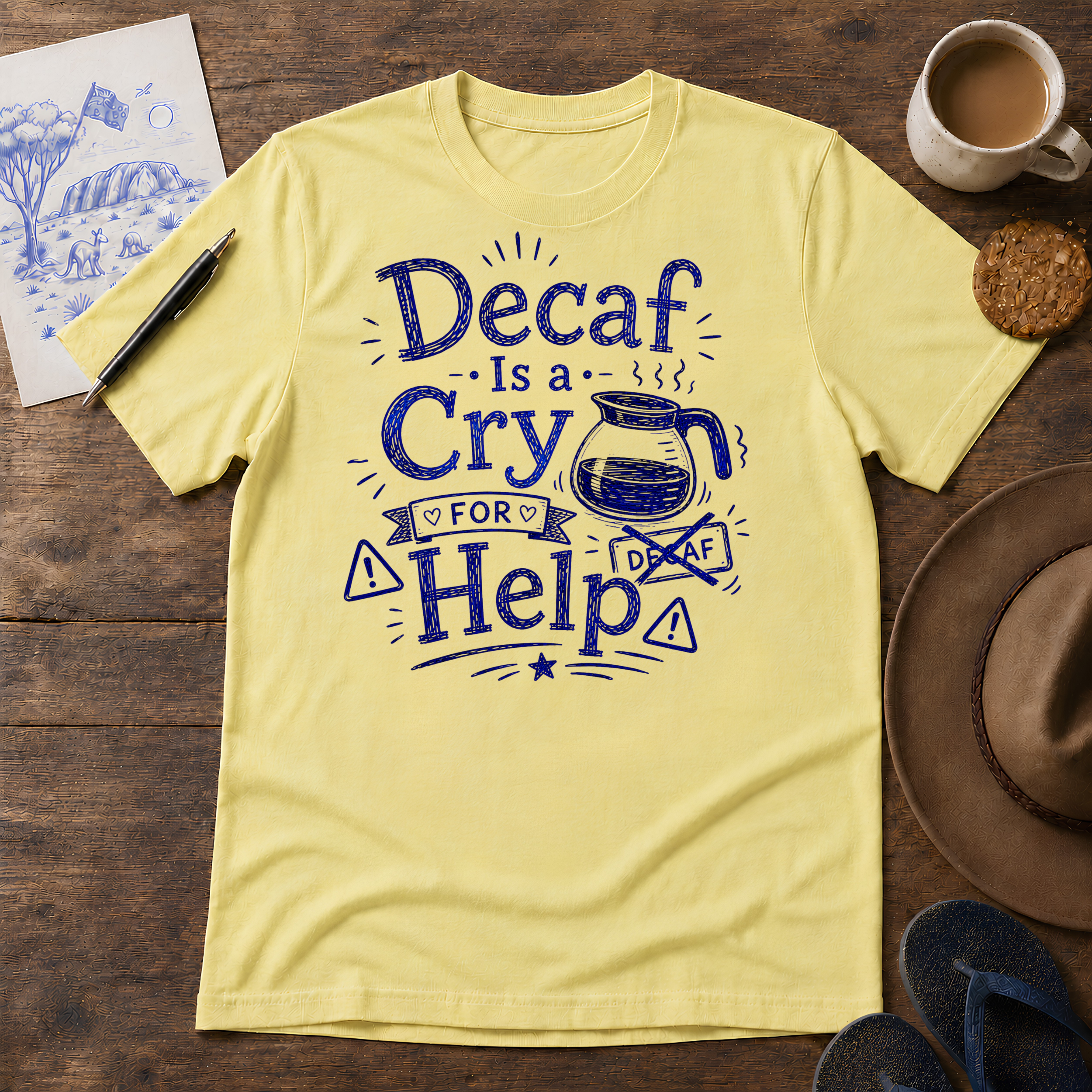 Decaf Is a Cry for Help Tee ink-sketch T-shirt, in Cornsilk
