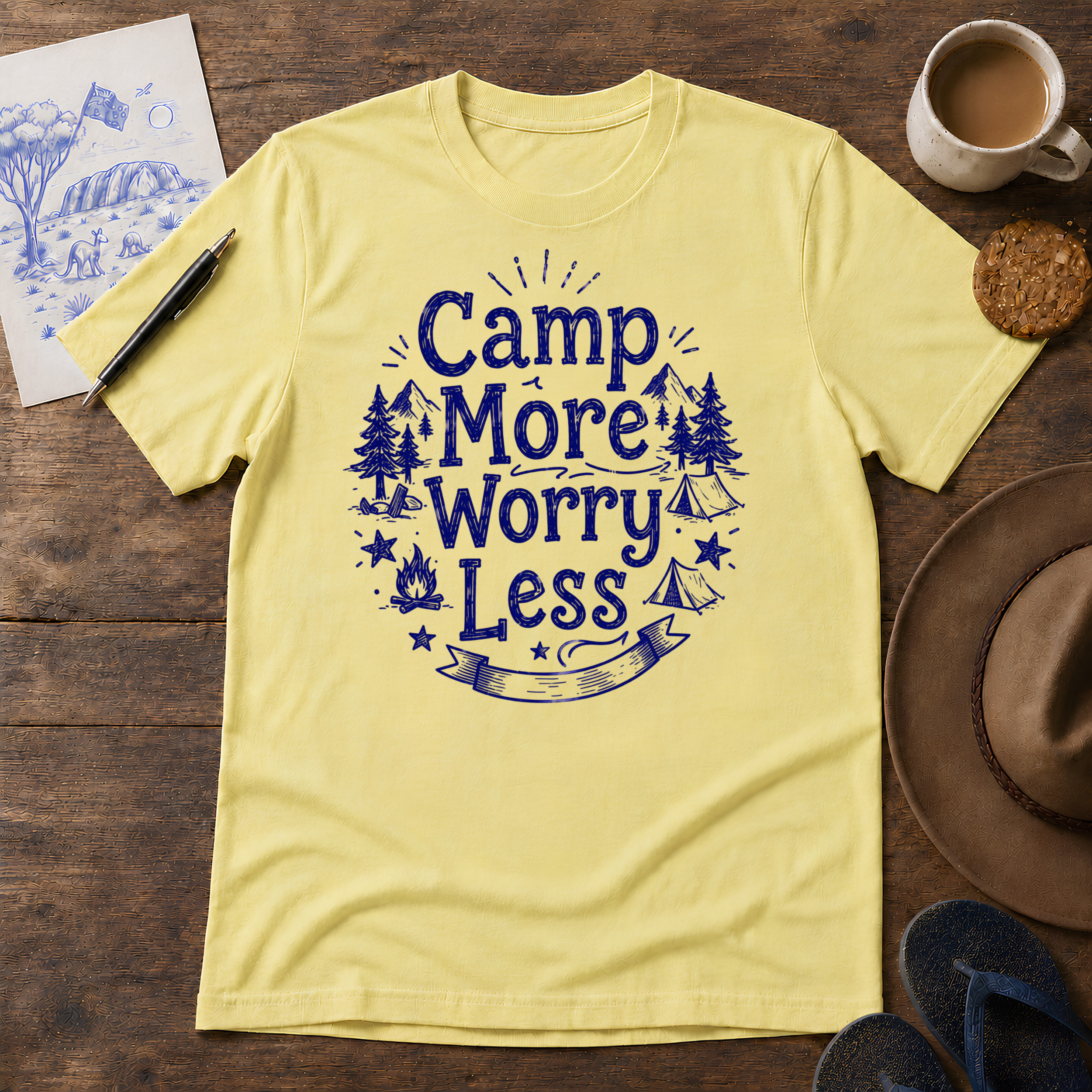 Camp More, Worry Less Tee ink-sketch T-shirt, in Cornsilk