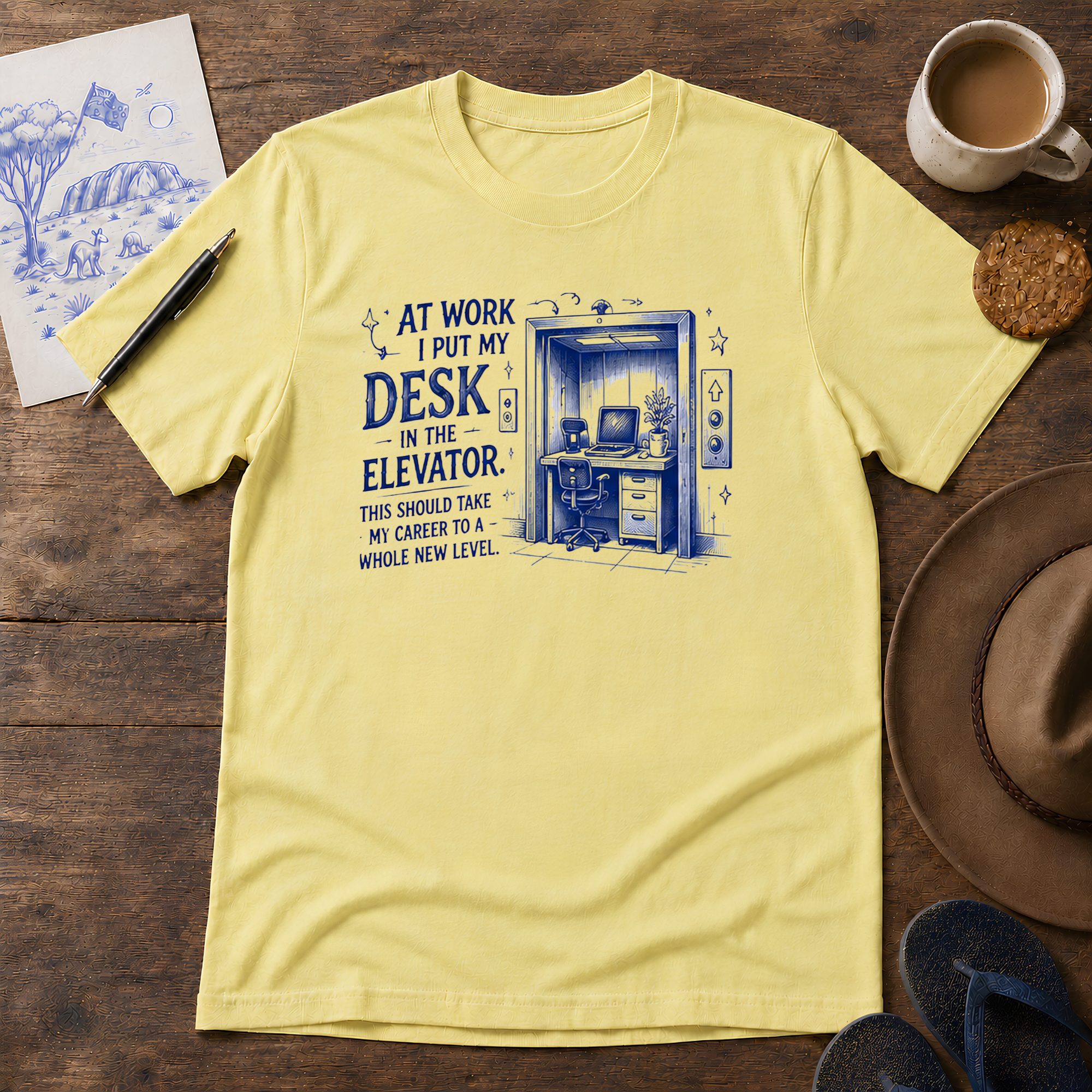 Desk in the Elevator Tee ink-sketch T-shirt, in Cornsilk