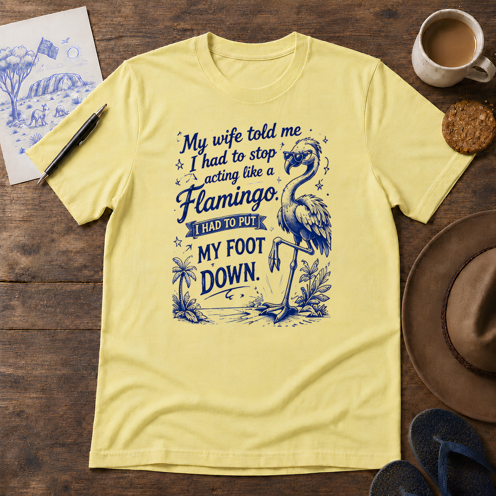 Flamingo Foot Down Tee ink-sketch T-shirt, in Cornsilk