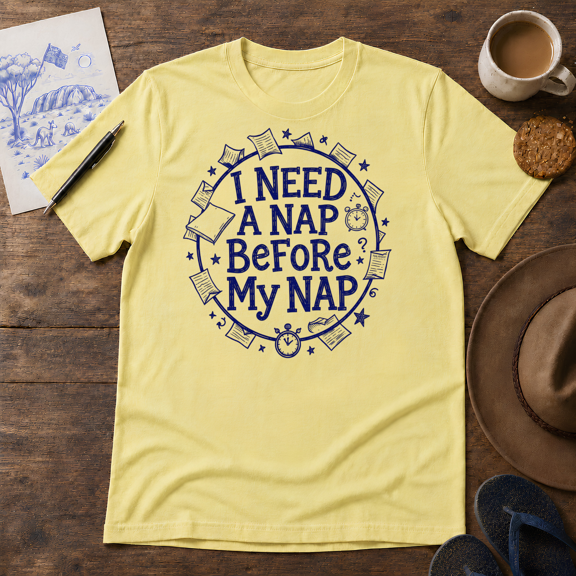 I Need a Nap Before My Nap Tee ink-sketch T-shirt, in Cornsilk