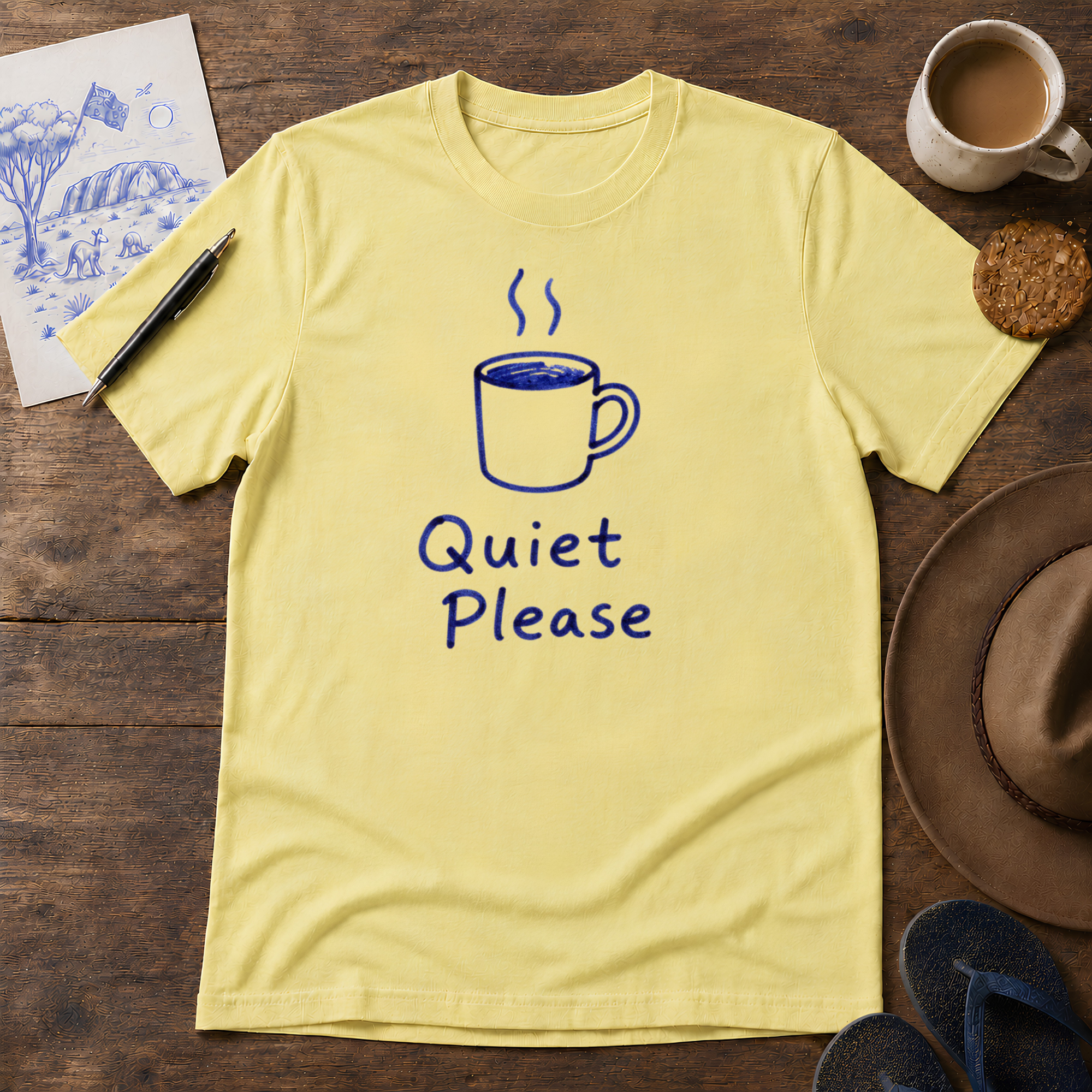 Quiet Please Tee ink-sketch T-shirt, in Cornsilk